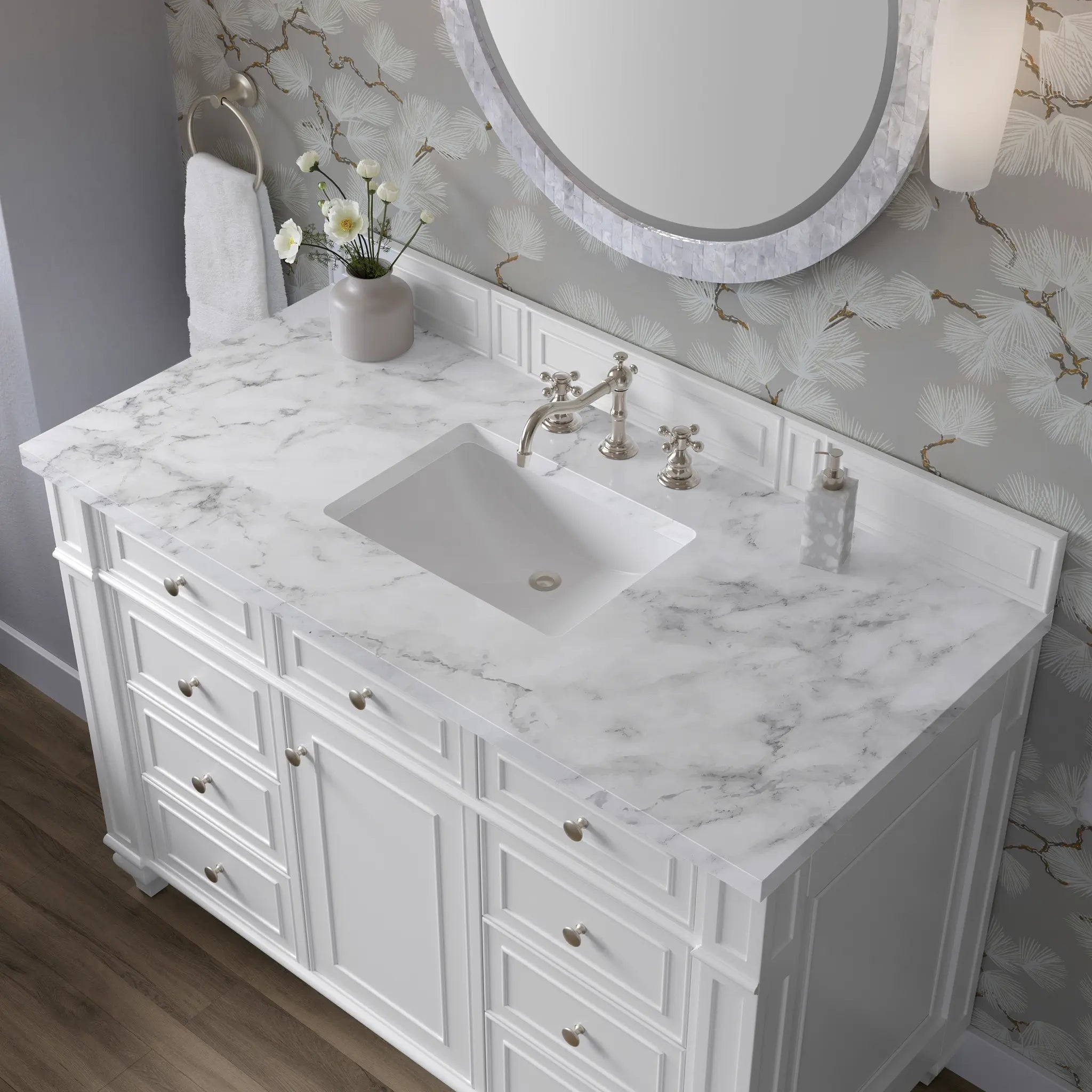 48 Bristol Single Vanity In Bright White Standard Carrara White Marble 8 Widespread 6