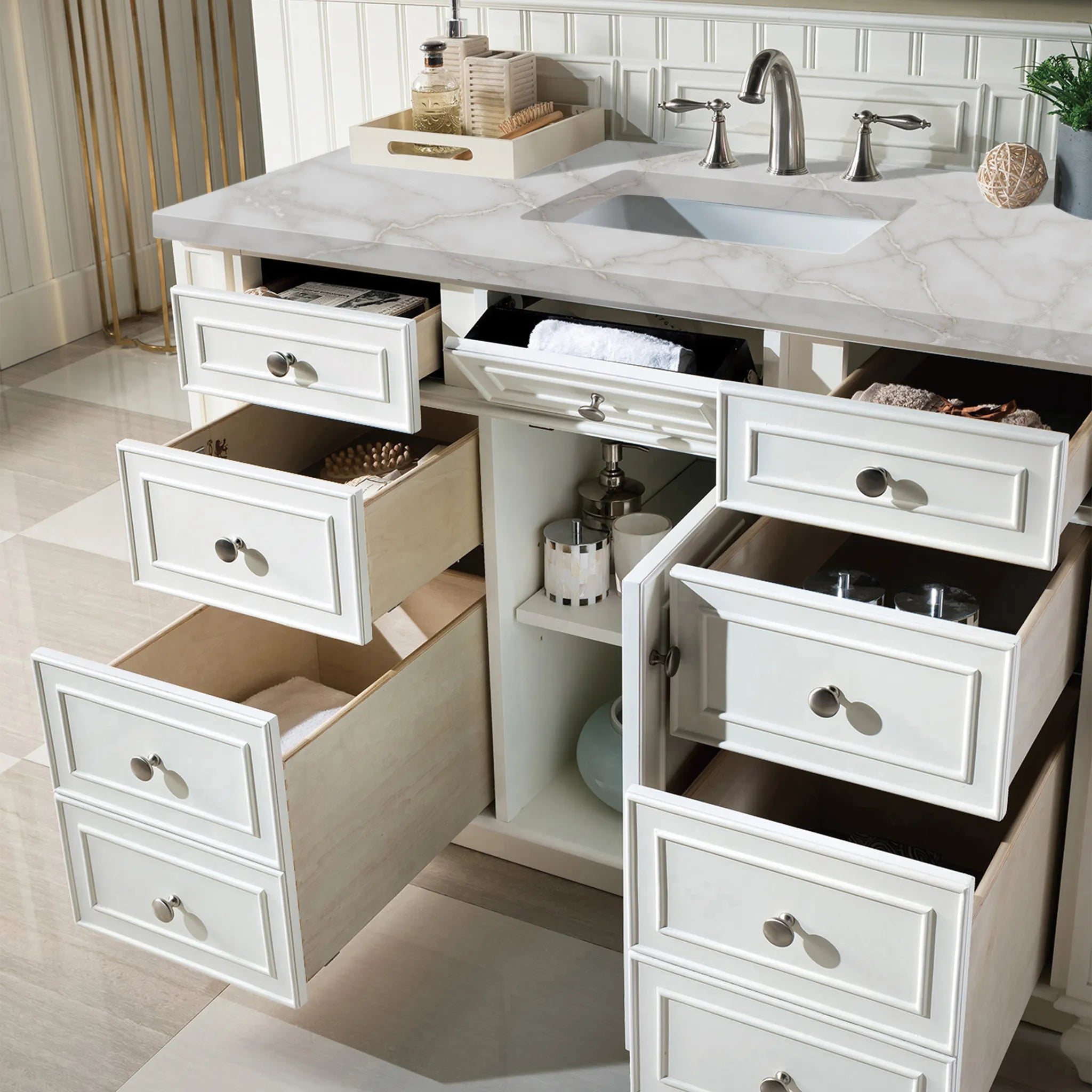 48" Bristol Single Vanity in Bright White-Victorian Silver Silestone-8" Widespread image 3