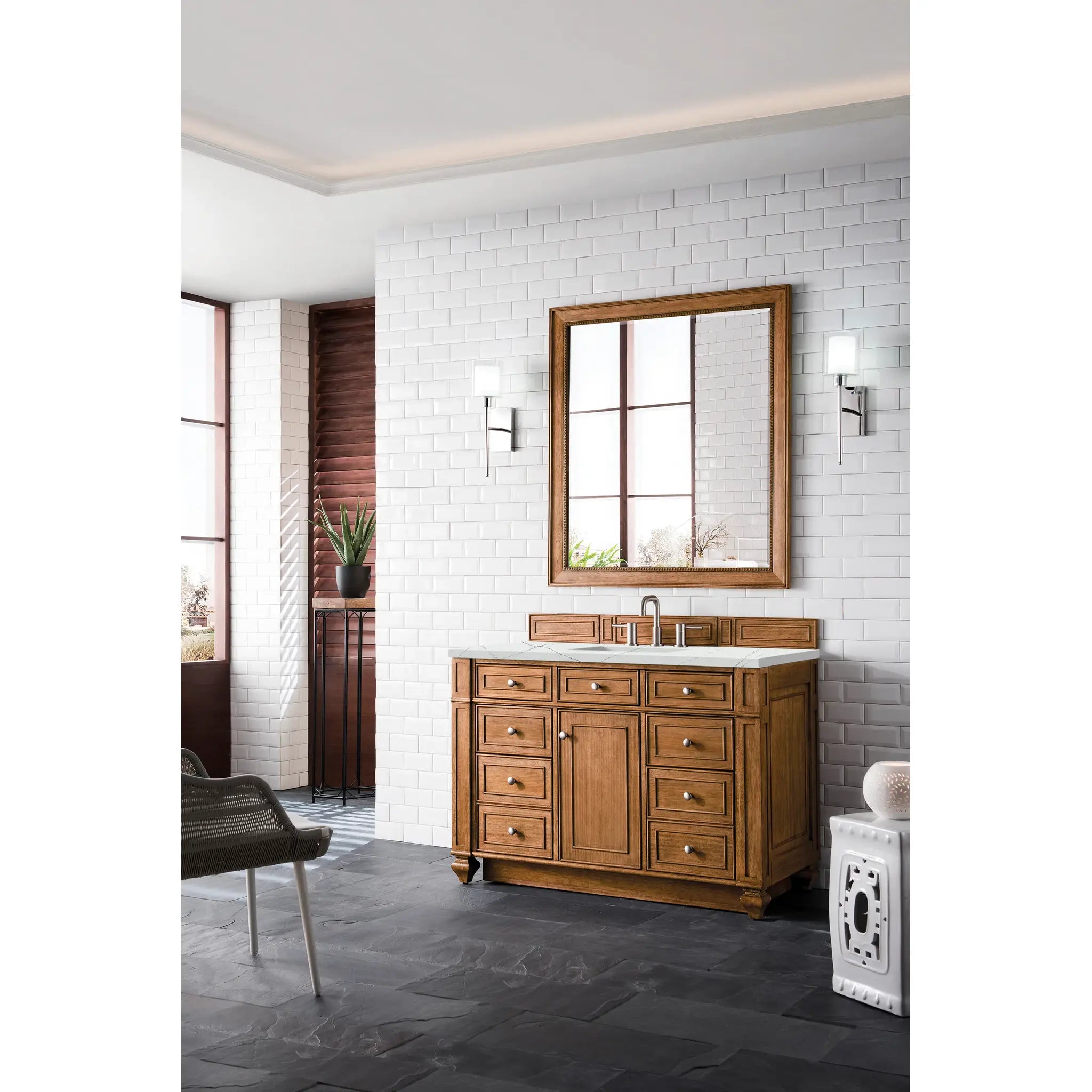 48" Bristol Single Vanity in Saddle Brown-Ethereal Noctis Silestone-8" Widespread image 2