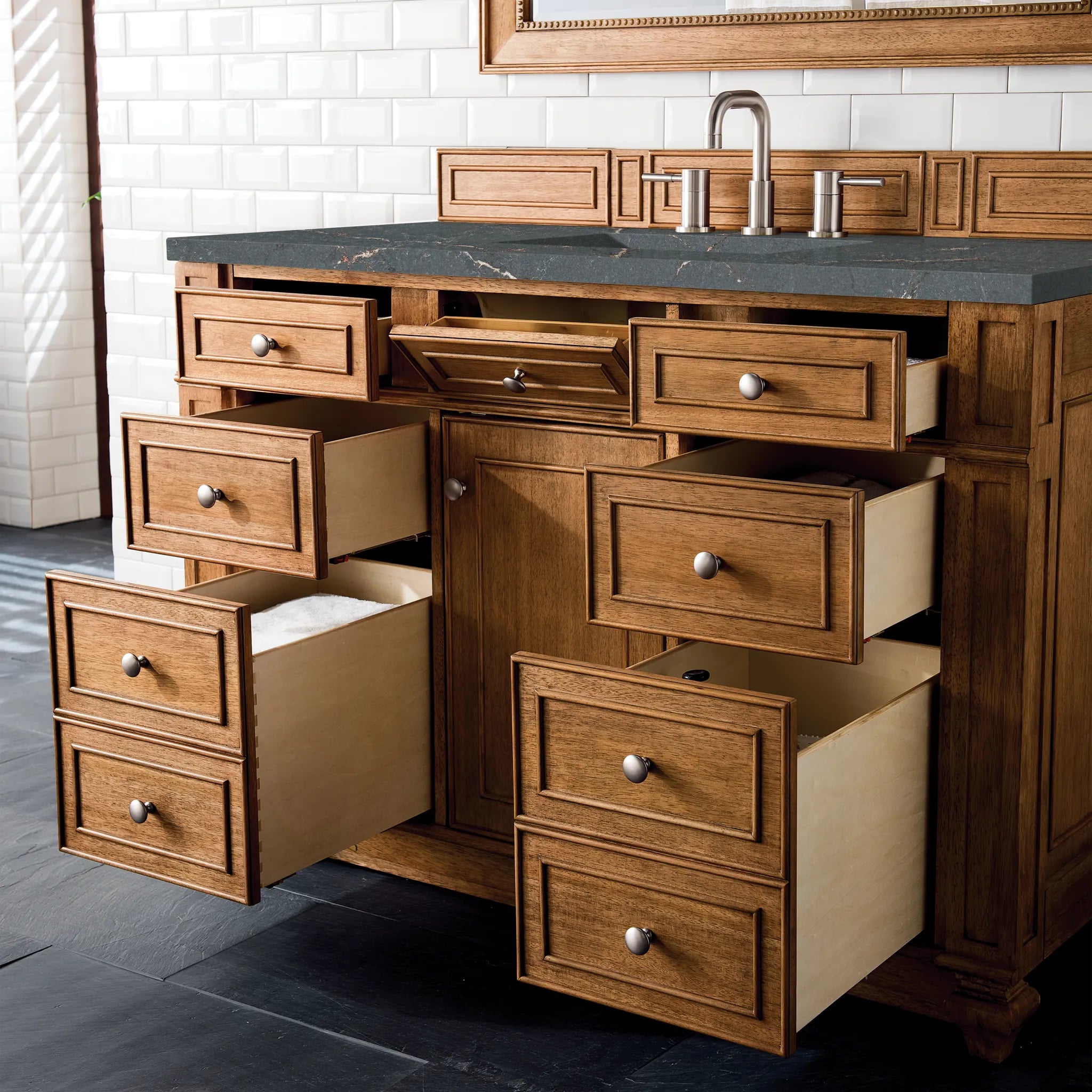 48" Bristol Single Vanity in Saddle Brown-Parisien Bleu Silestone-8" Widespread image 3