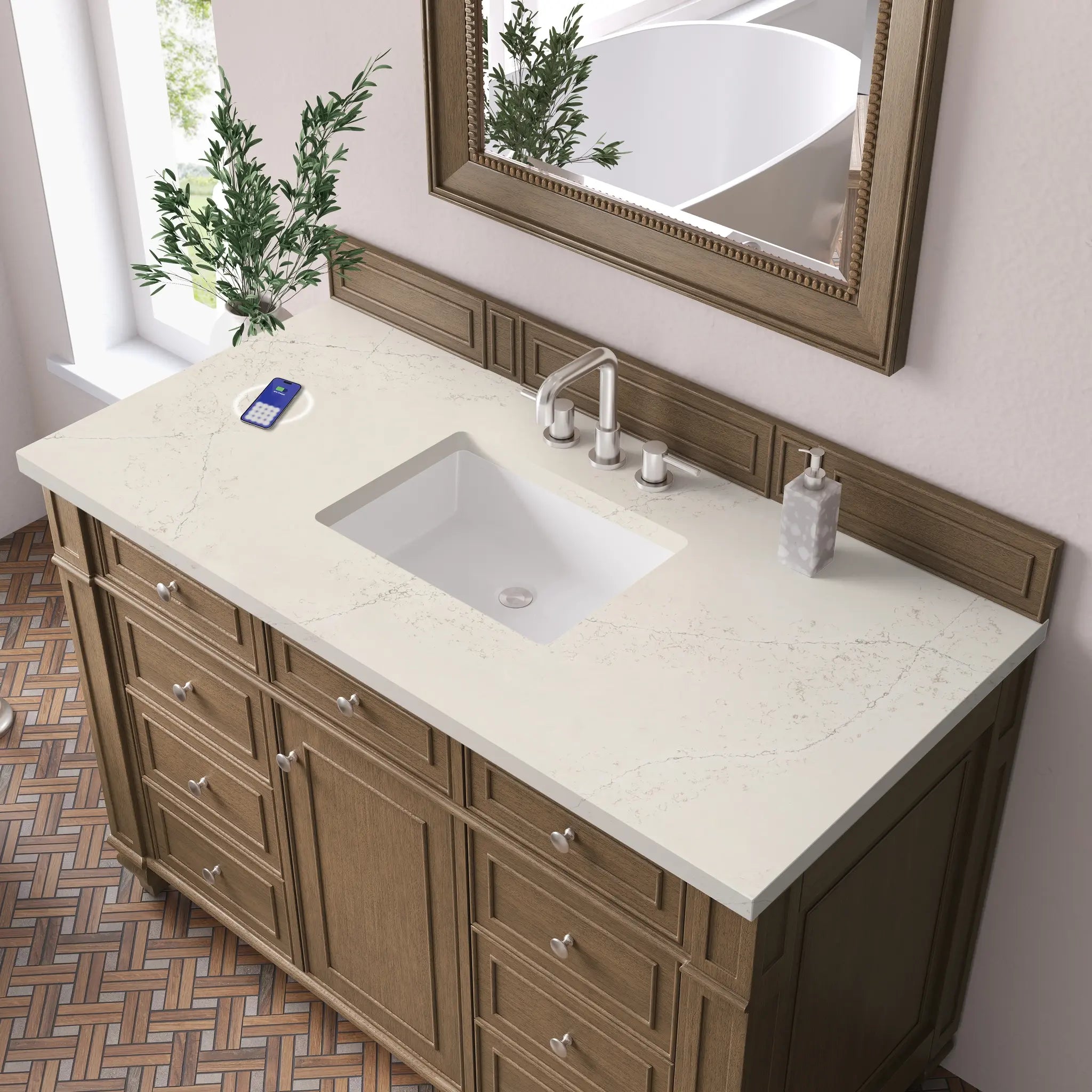 48 Bristol Single Vanity In Saddle Brown Power Enabled Siberian Silestone 8 Widespread 7