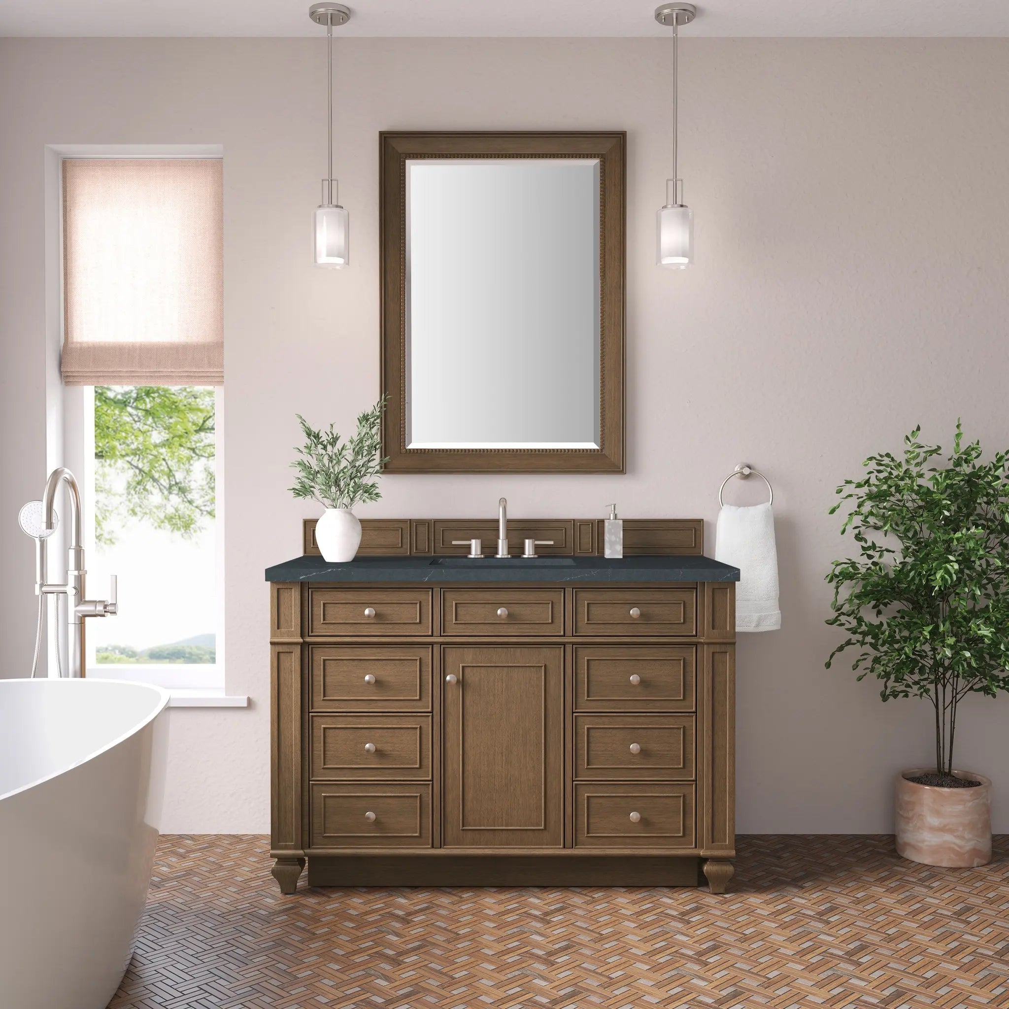 48 Bristol Single Vanity In Saddle Brown Standard Charcoal Soapstone Silestone 8 Widespread 2