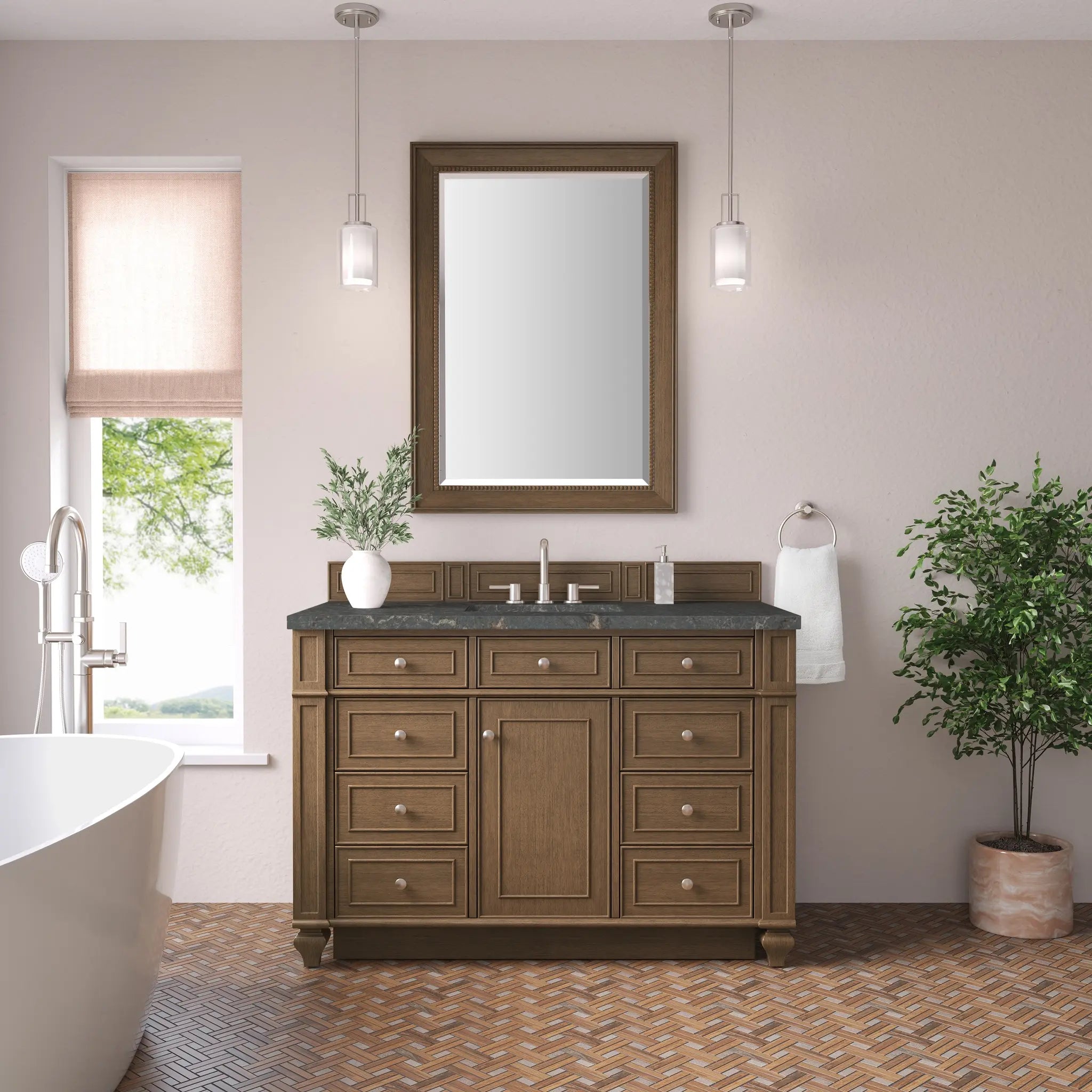 48 Bristol Single Vanity In Saddle Brown Standard Parisien Bleu Silestone 8 Widespread 2