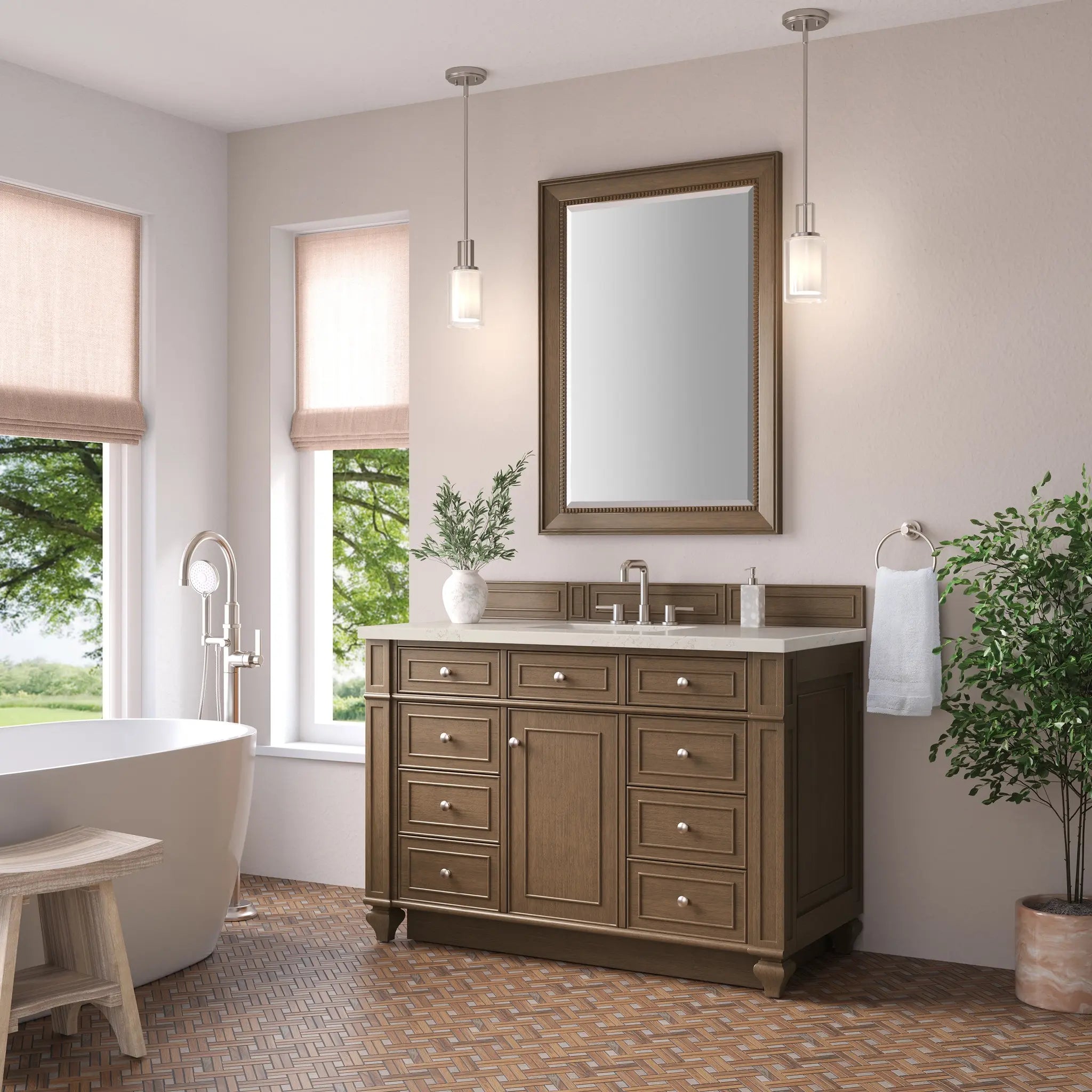 48 Bristol Single Vanity In Saddle Brown Standard Siberian Silestone 8 Widespread 3