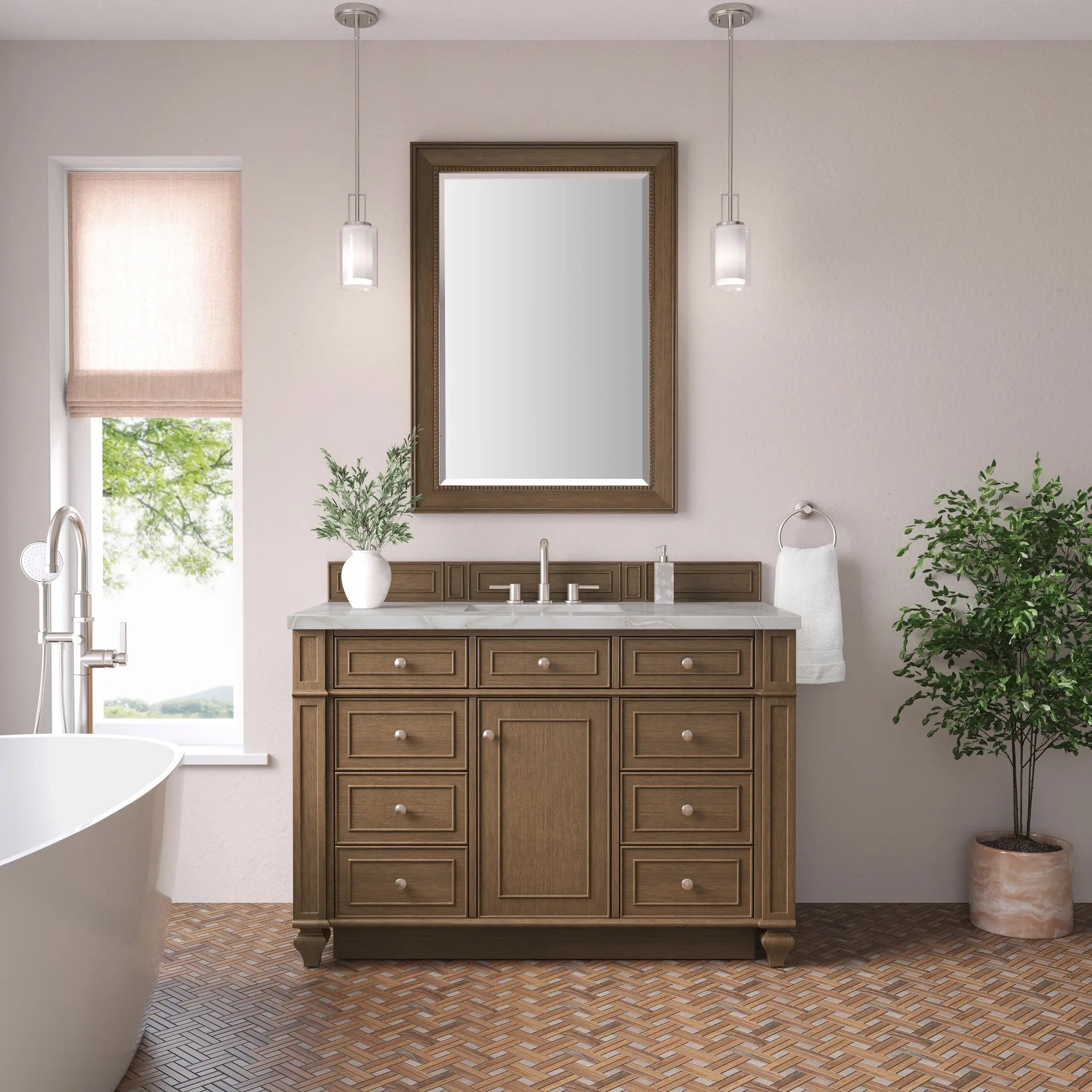 48 Bristol Single Vanity In Saddle Brown Standard Victorian Silver Silestone 8 Widespread 2