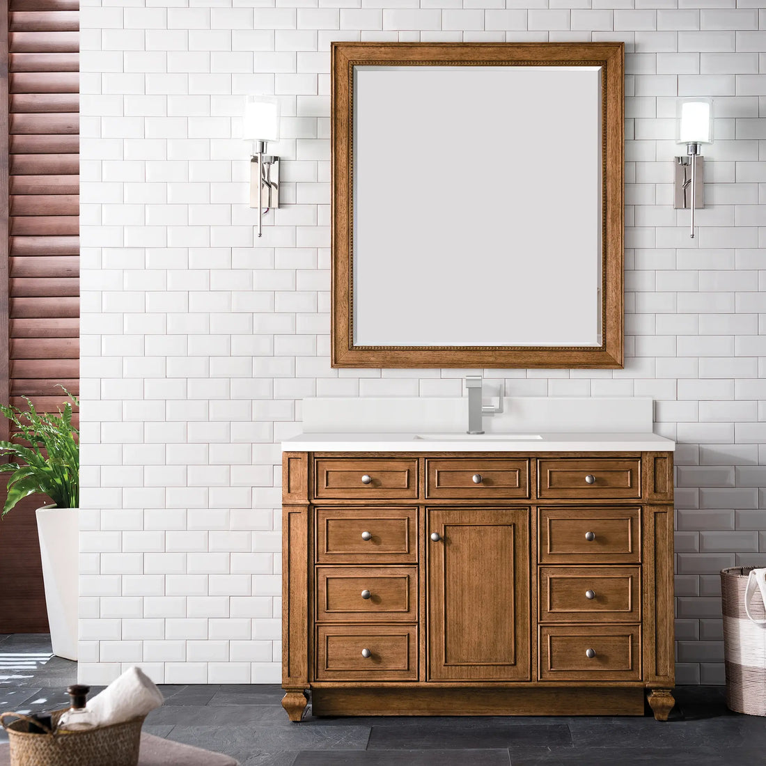 48 Bristol Single Vanity In Saddle Brown Standard White Zeus Silestone Backsplash Single Hole 2