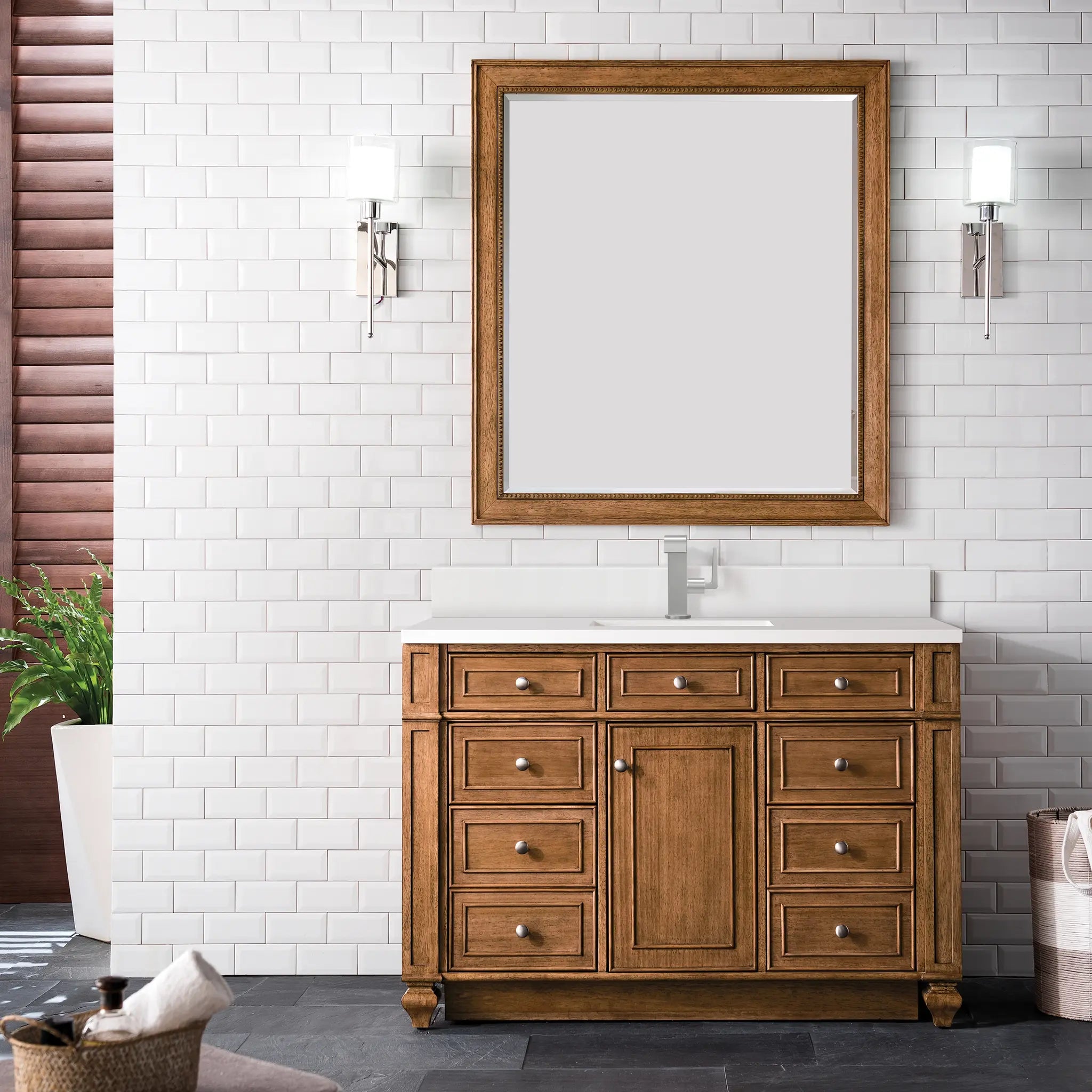 48 Bristol Single Vanity In Saddle Brown Standard White Zeus Silestone Backsplash Single Hole 2