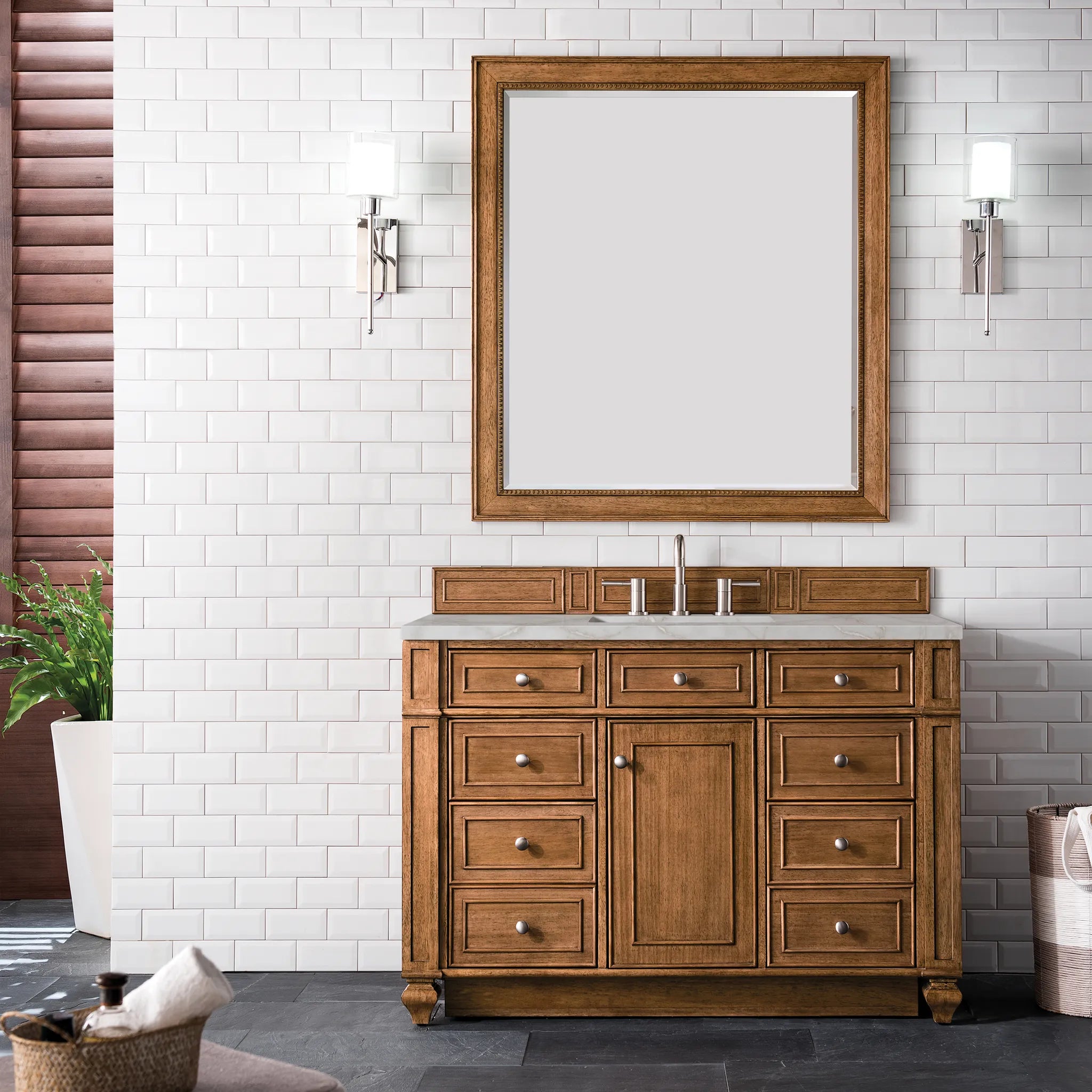 48" Bristol Single Vanity in Saddle Brown-Victorian Silver Silestone-8" Widespread image 1