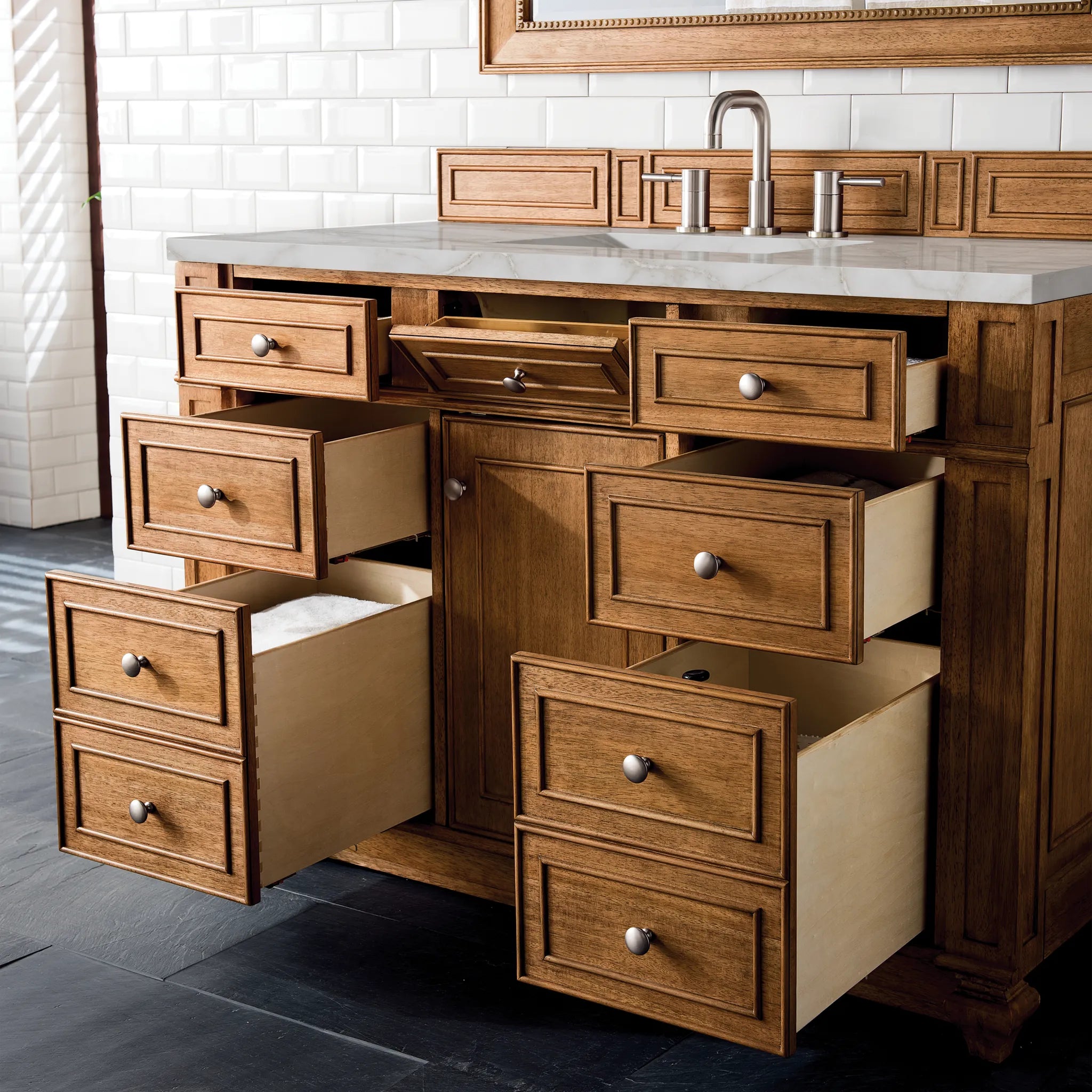 48" Bristol Single Vanity in Saddle Brown-Victorian Silver Silestone-8" Widespread image 3