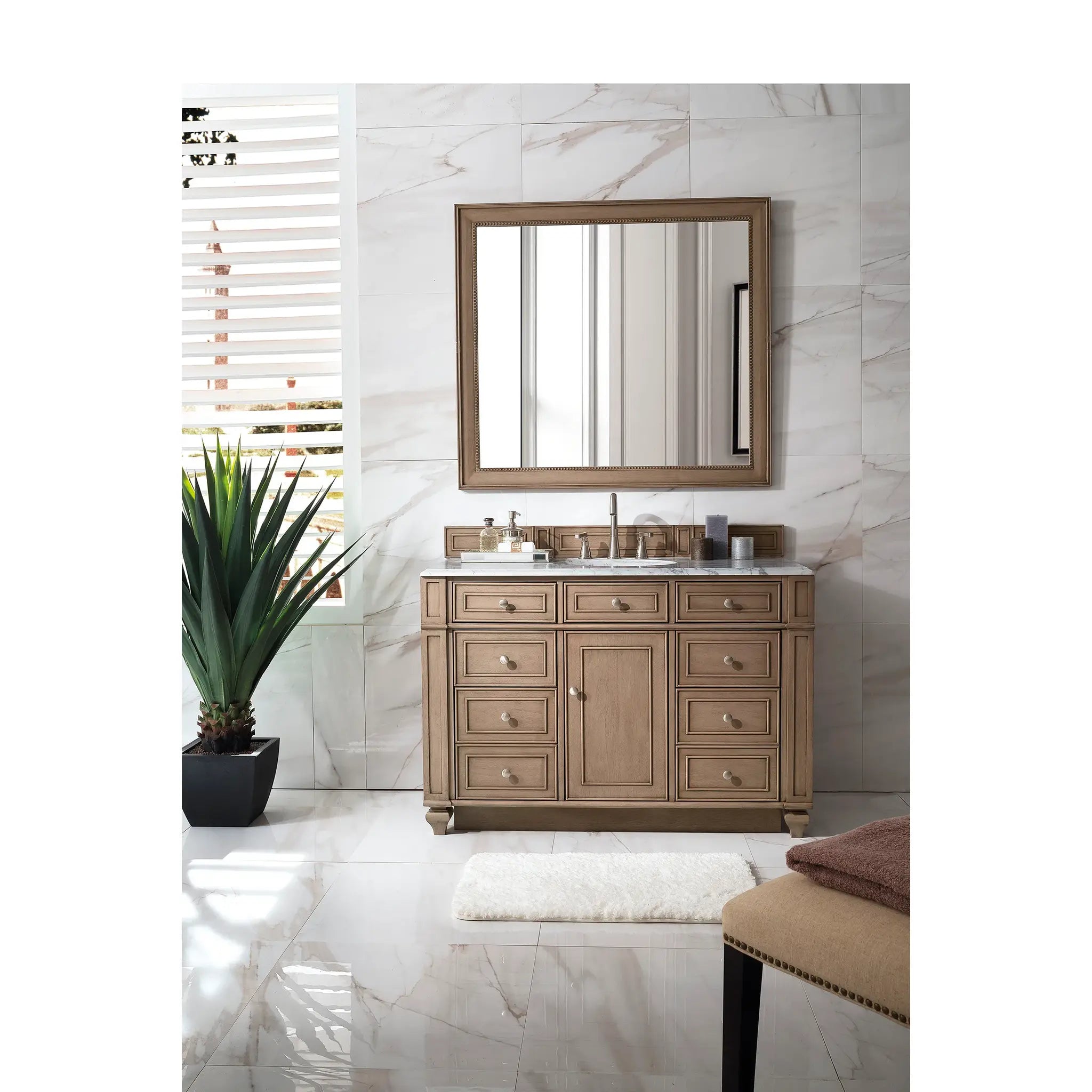 48" Bristol Single Vanity in Whitewashed Walnut-Carrara White Marble-8" Widespread image 1
