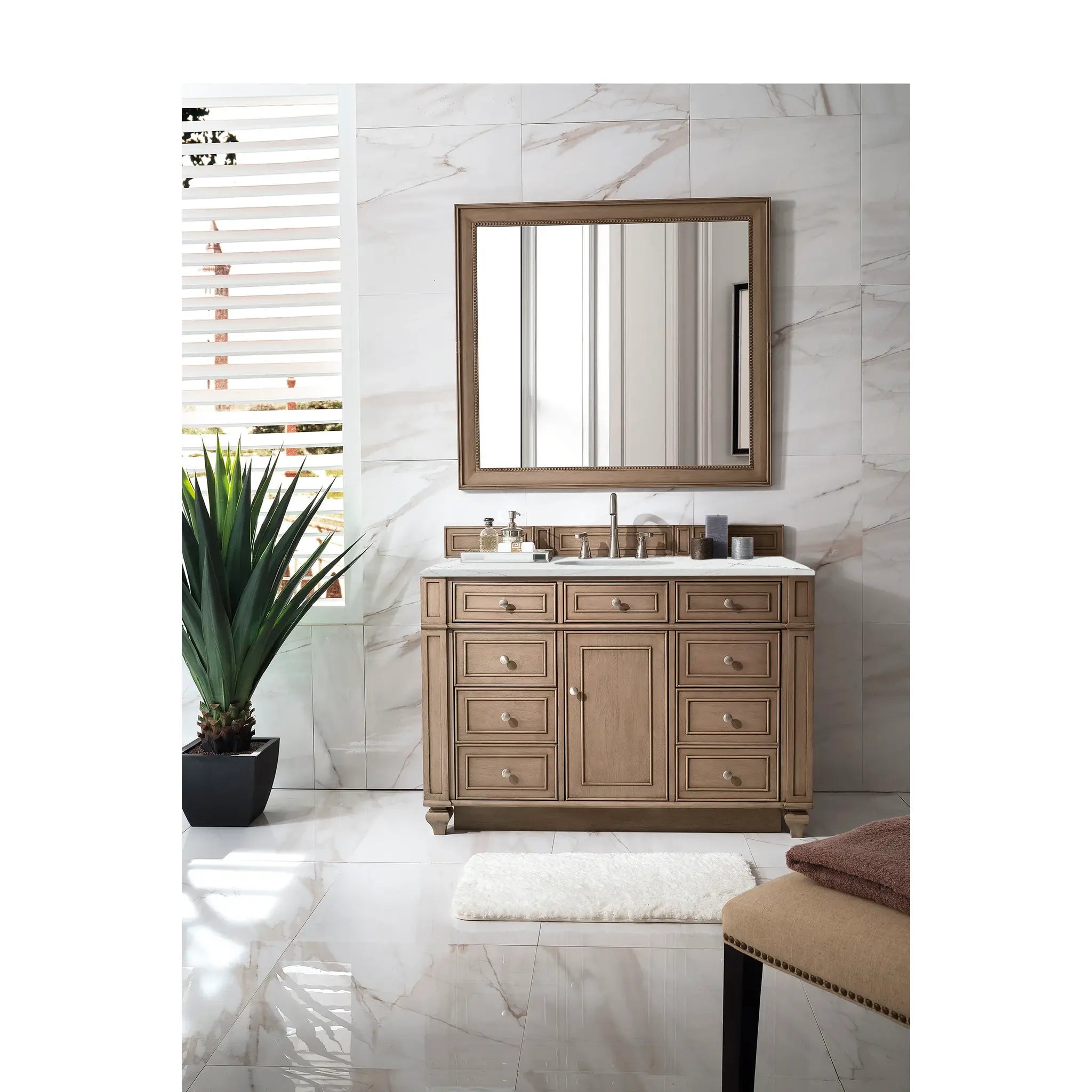 48" Bristol Single Vanity in Whitewashed Walnut-Ethereal Noctis Silestone-8" Widespread image 1