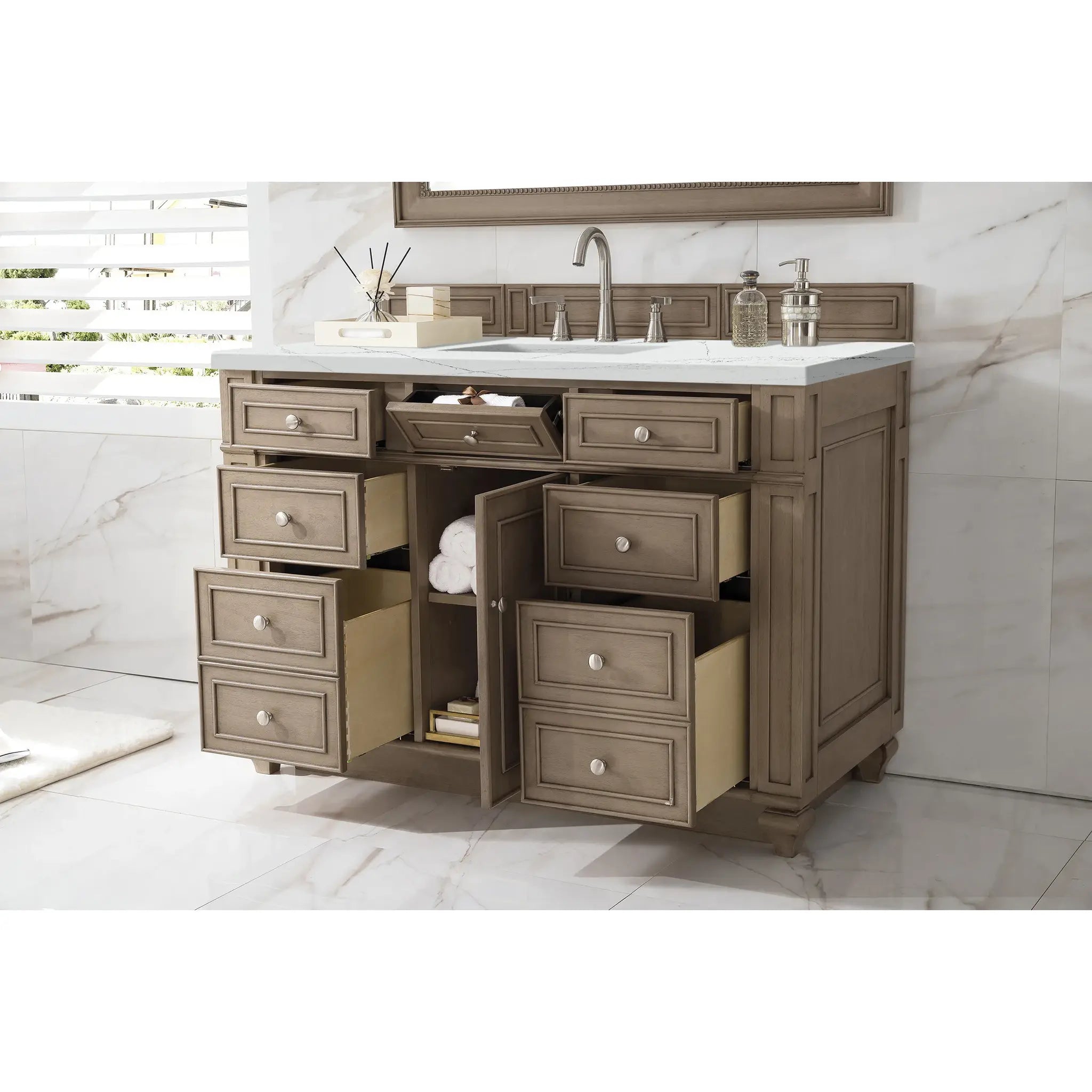 48" Bristol Single Vanity in Whitewashed Walnut-Ethereal Noctis Silestone-8" Widespread image 3