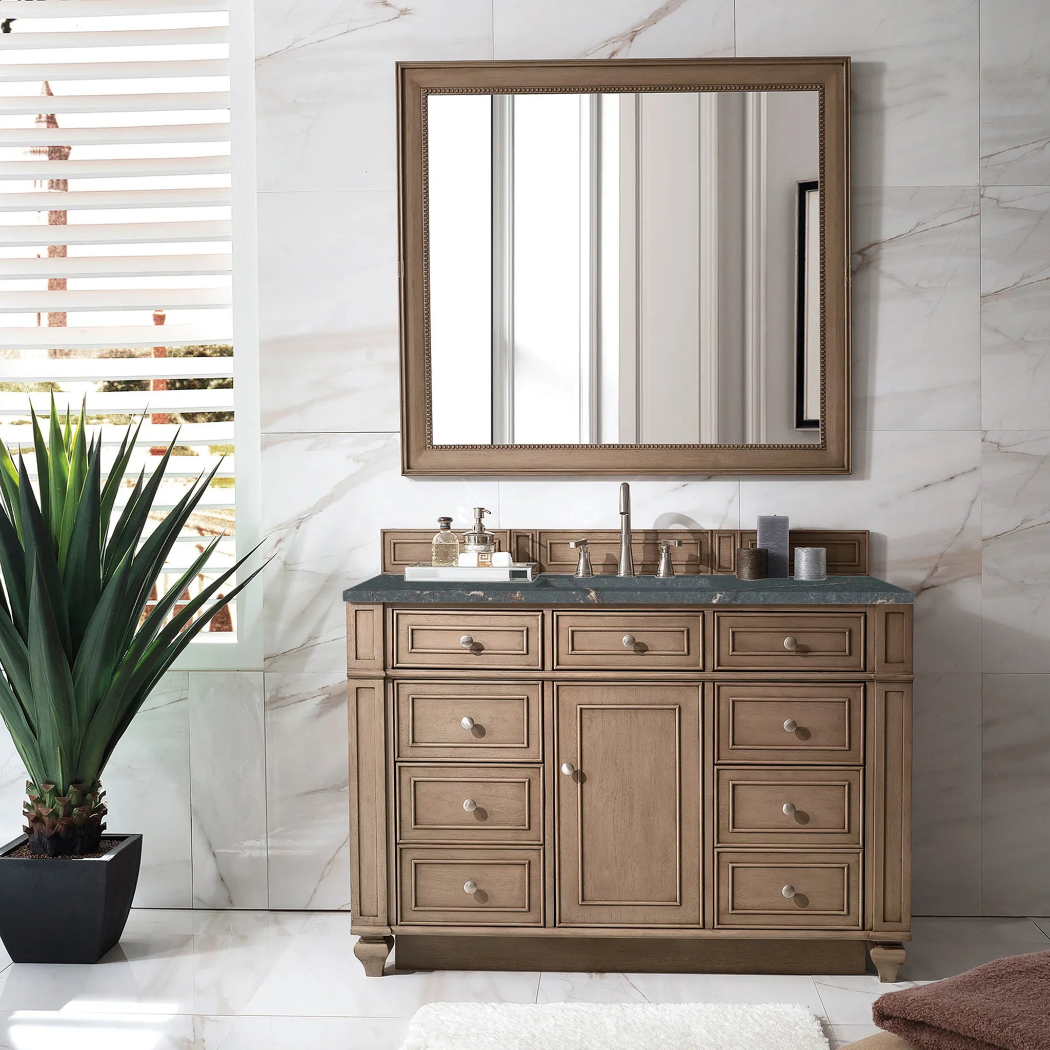 48" Bristol Single Vanity in Whitewashed Walnut-Parisien Bleu Silestone-8" Widespread image 1