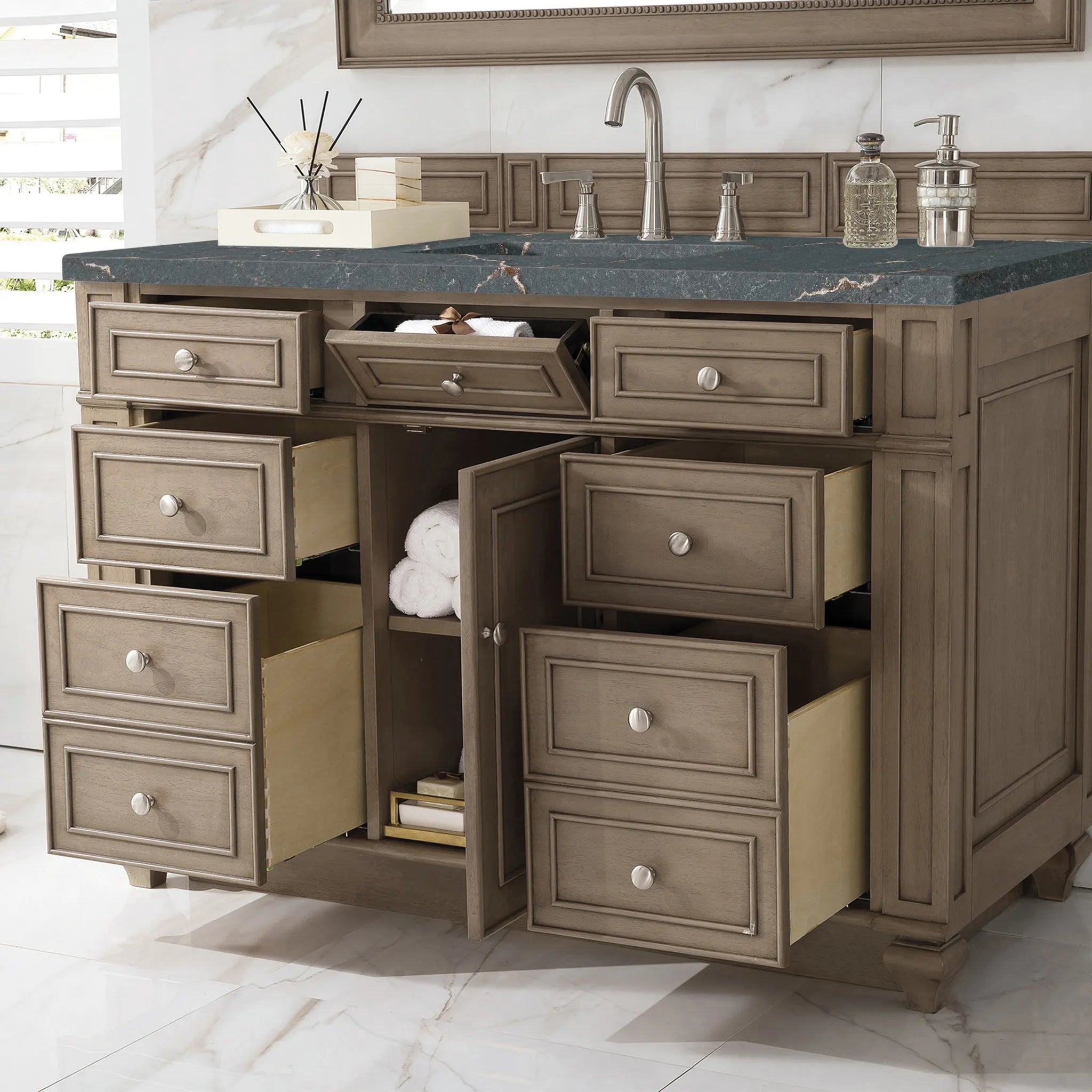 48" Bristol Single Vanity in Whitewashed Walnut-Parisien Bleu Silestone-8" Widespread image 3