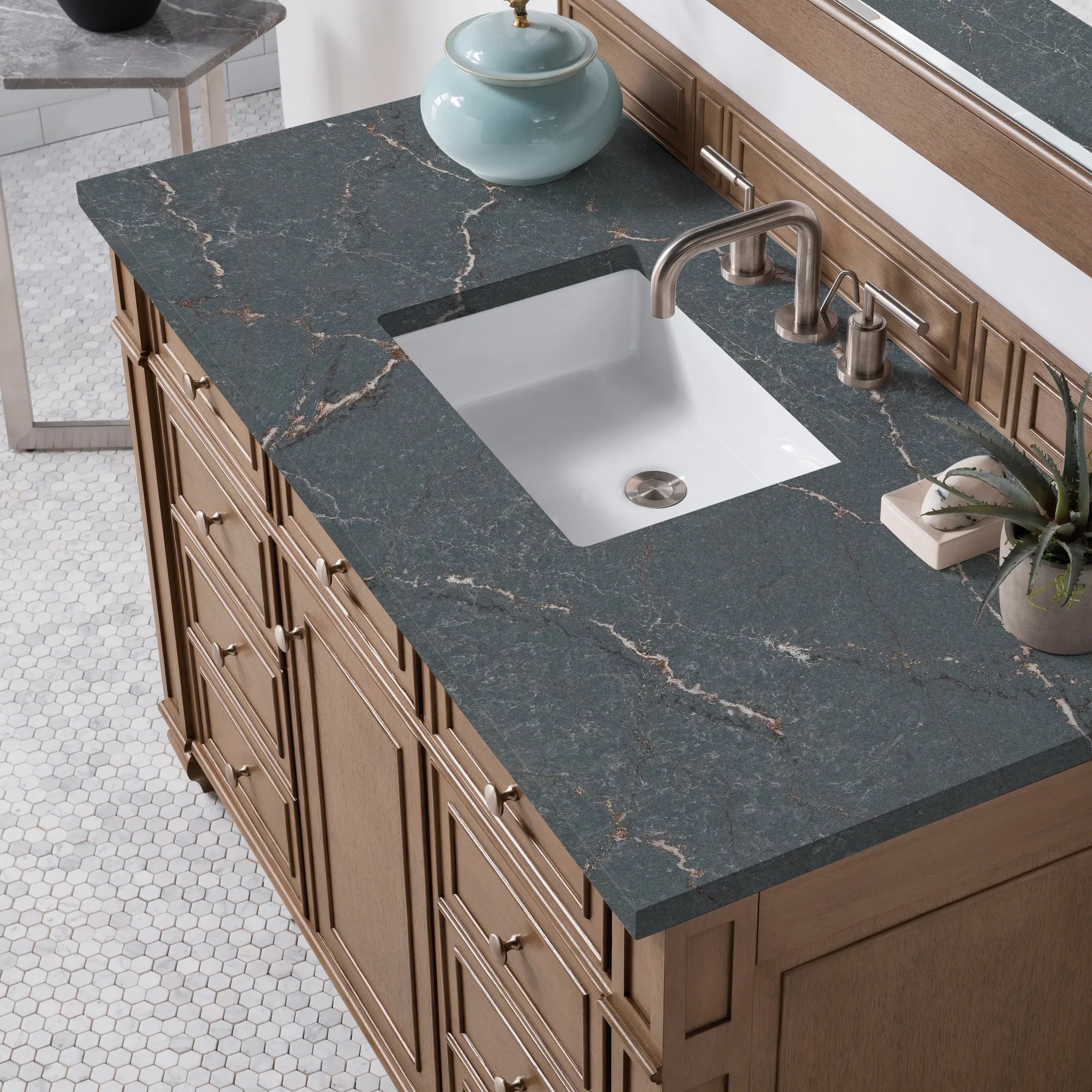 48" Bristol Single Vanity in Whitewashed Walnut-Parisien Bleu Silestone-8" Widespread image 4