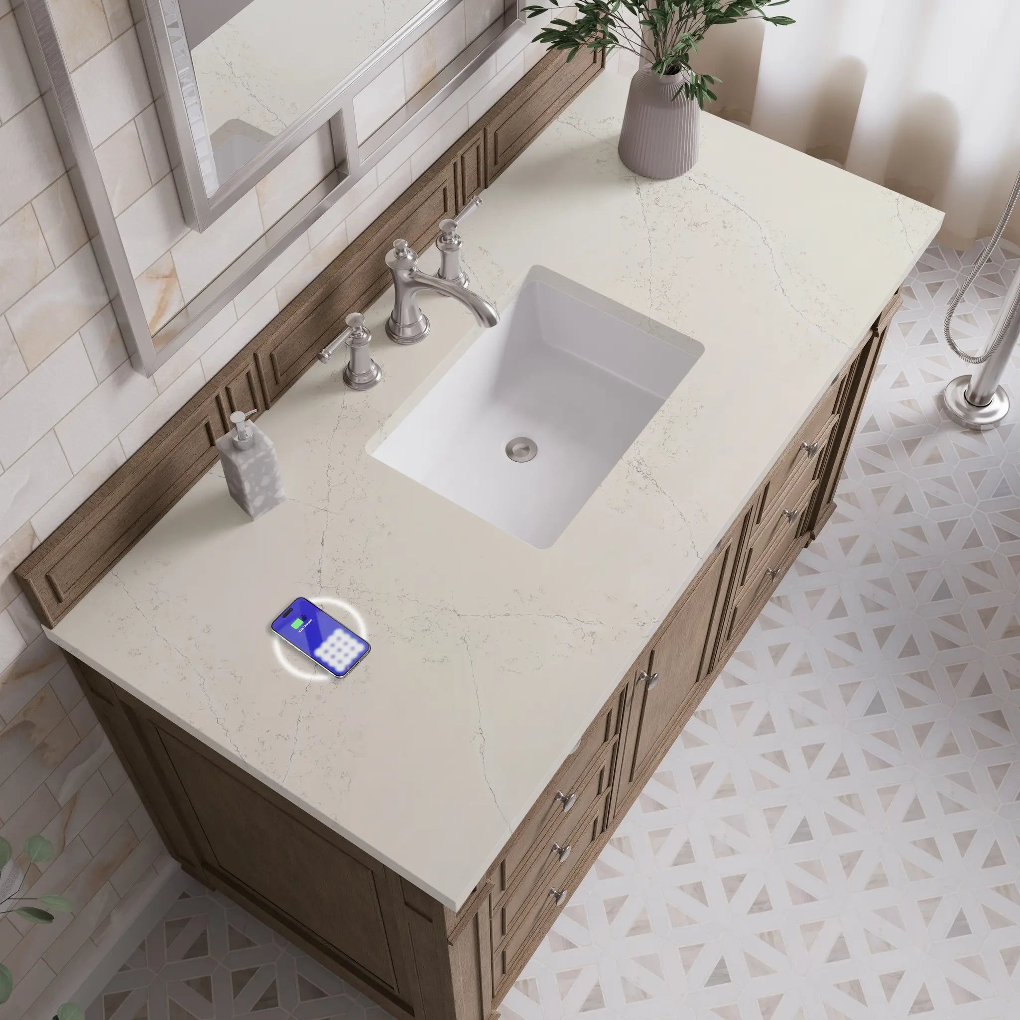 48 Bristol Single Vanity In Whitewashed Walnut Power Enabled Siberian Silestone 8 Widespread 7