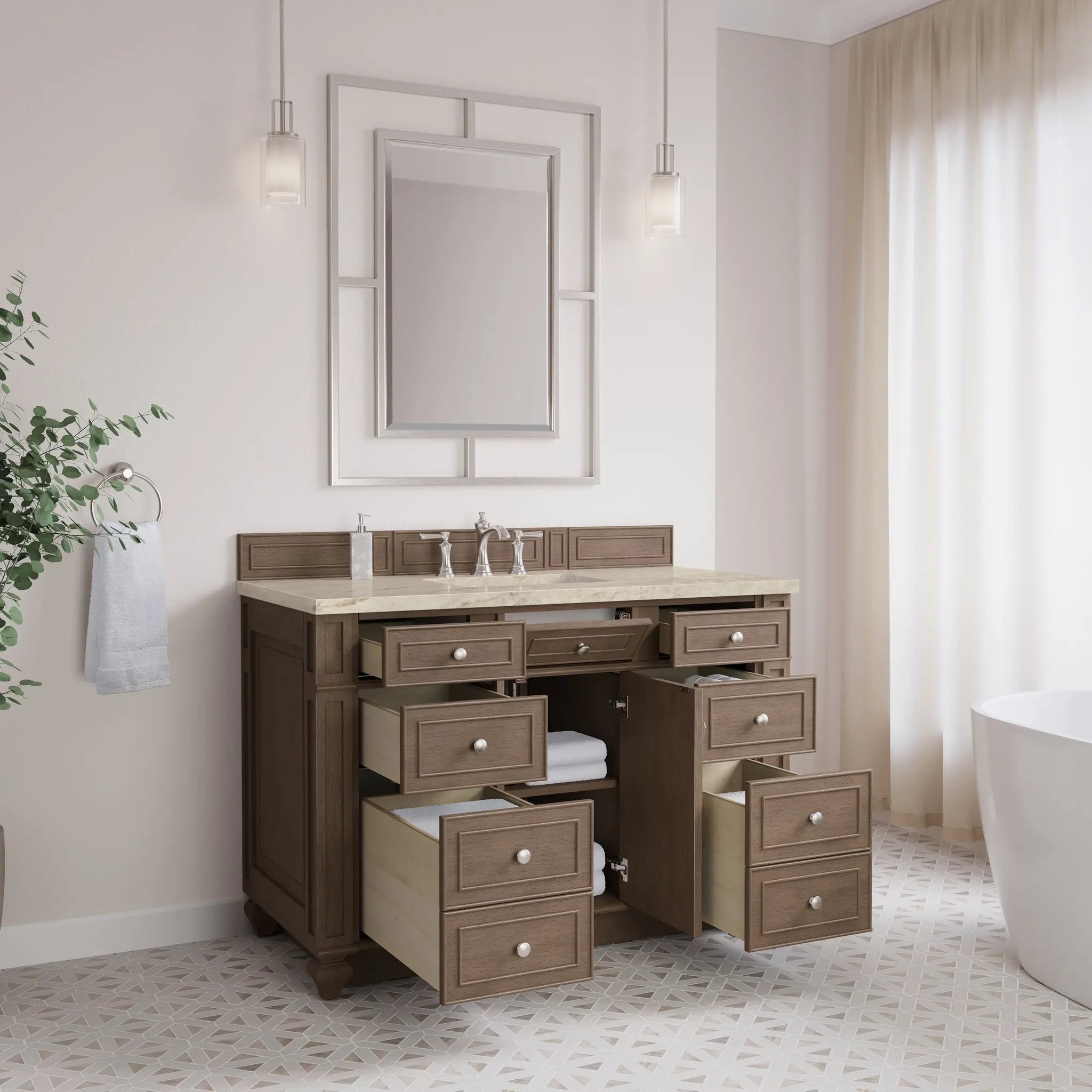 48 Bristol Single Vanity In Whitewashed Walnut Power Enabled Tajnar Eclos 8 Widespread 6