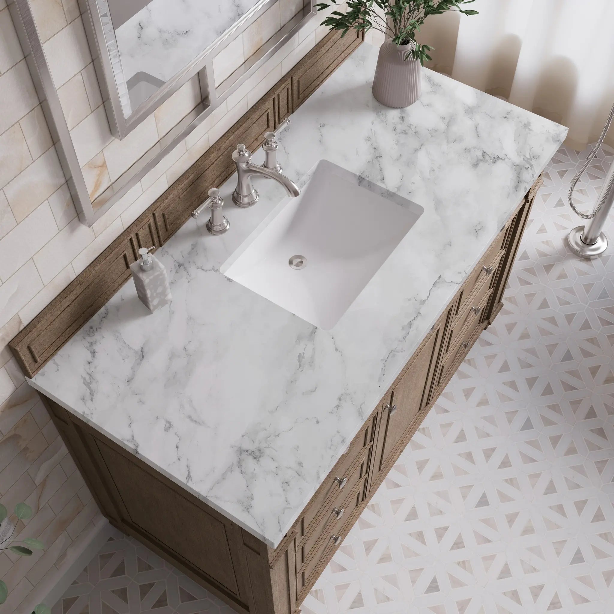48 Bristol Single Vanity In Whitewashed Walnut Standard Carrara White Marble 8 Widespread 5
