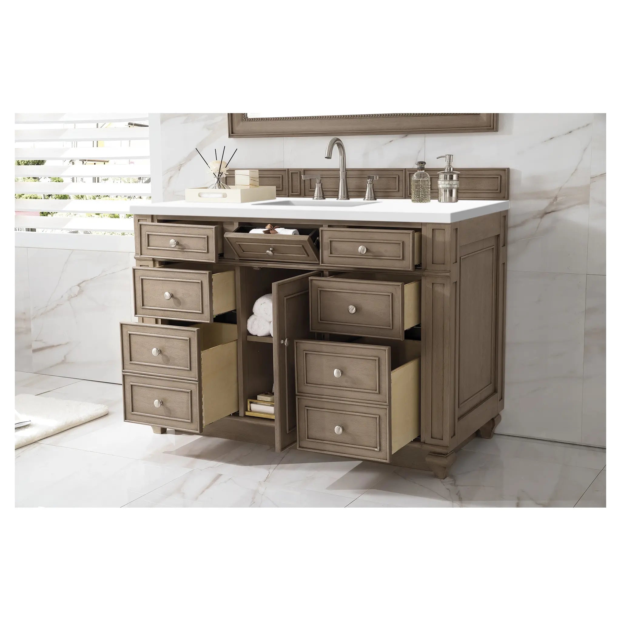 48 Bristol Single Vanity In Whitewashed Walnut Standard White Zeus Silestone 8 Widespread 4
