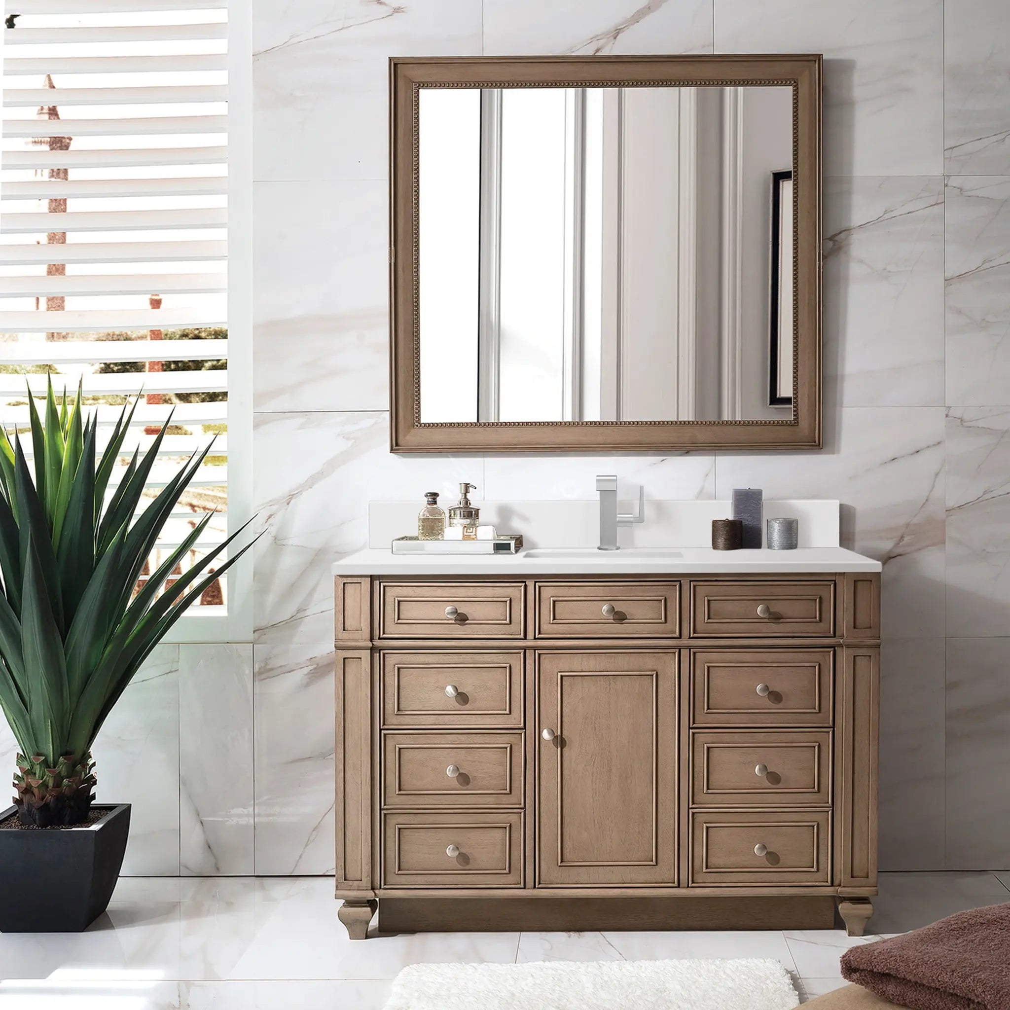 48 Bristol Single Vanity In Whitewashed Walnut Standard White Zeus Silestone Backsplash Single Hole 2