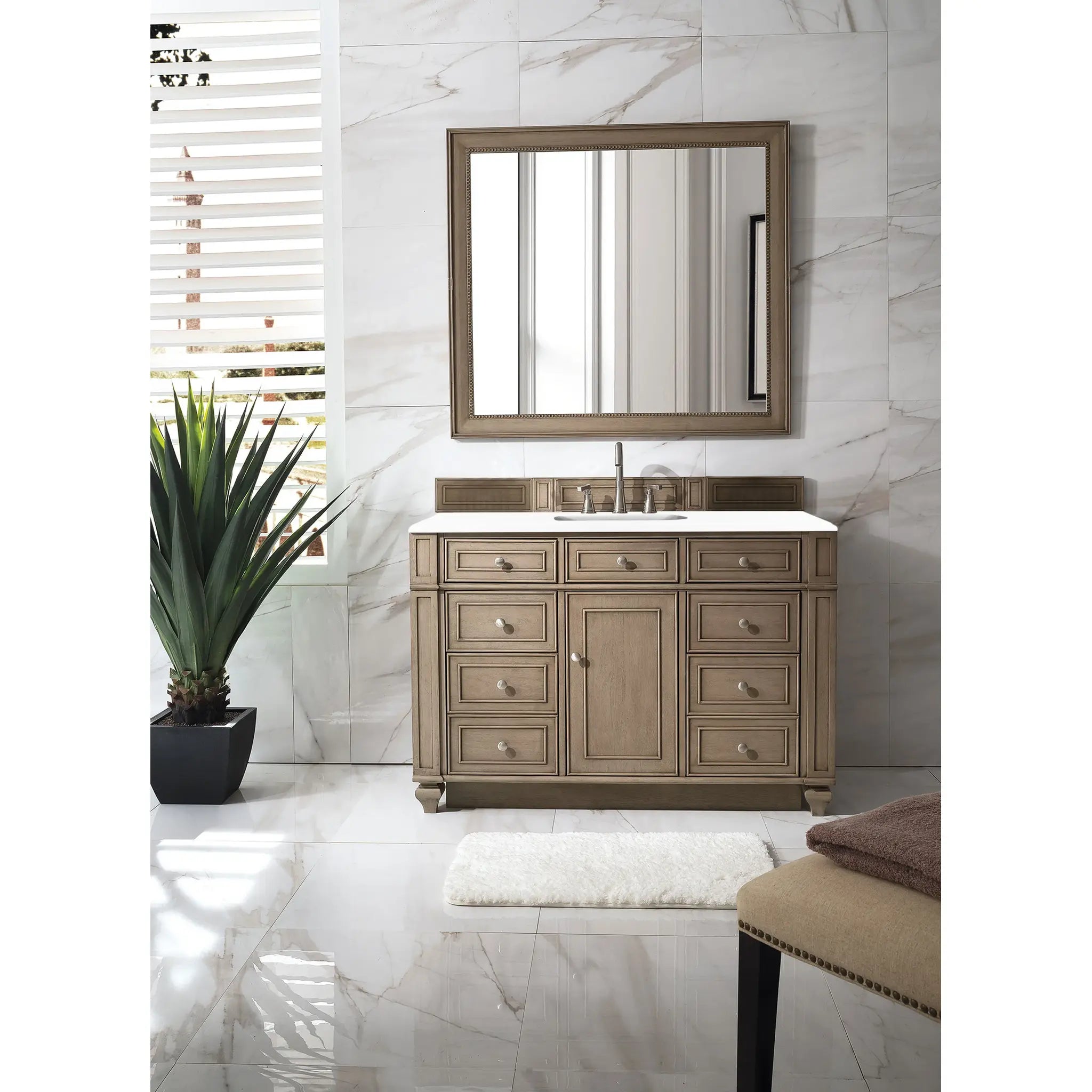 48" Bristol Single Vanity in Whitewashed Walnut-White Zeus Silestone-8" Widespread image 1