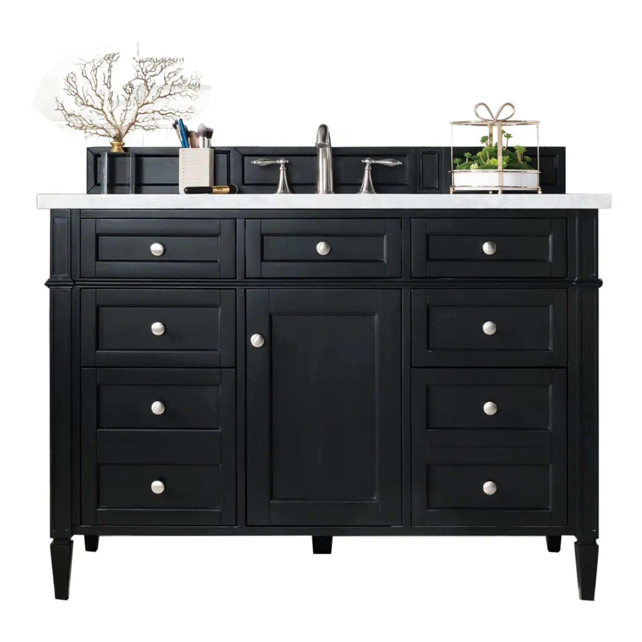 48" Brittany Single Vanity in Black Onyx-Carrara White Marble-8" Widespread image