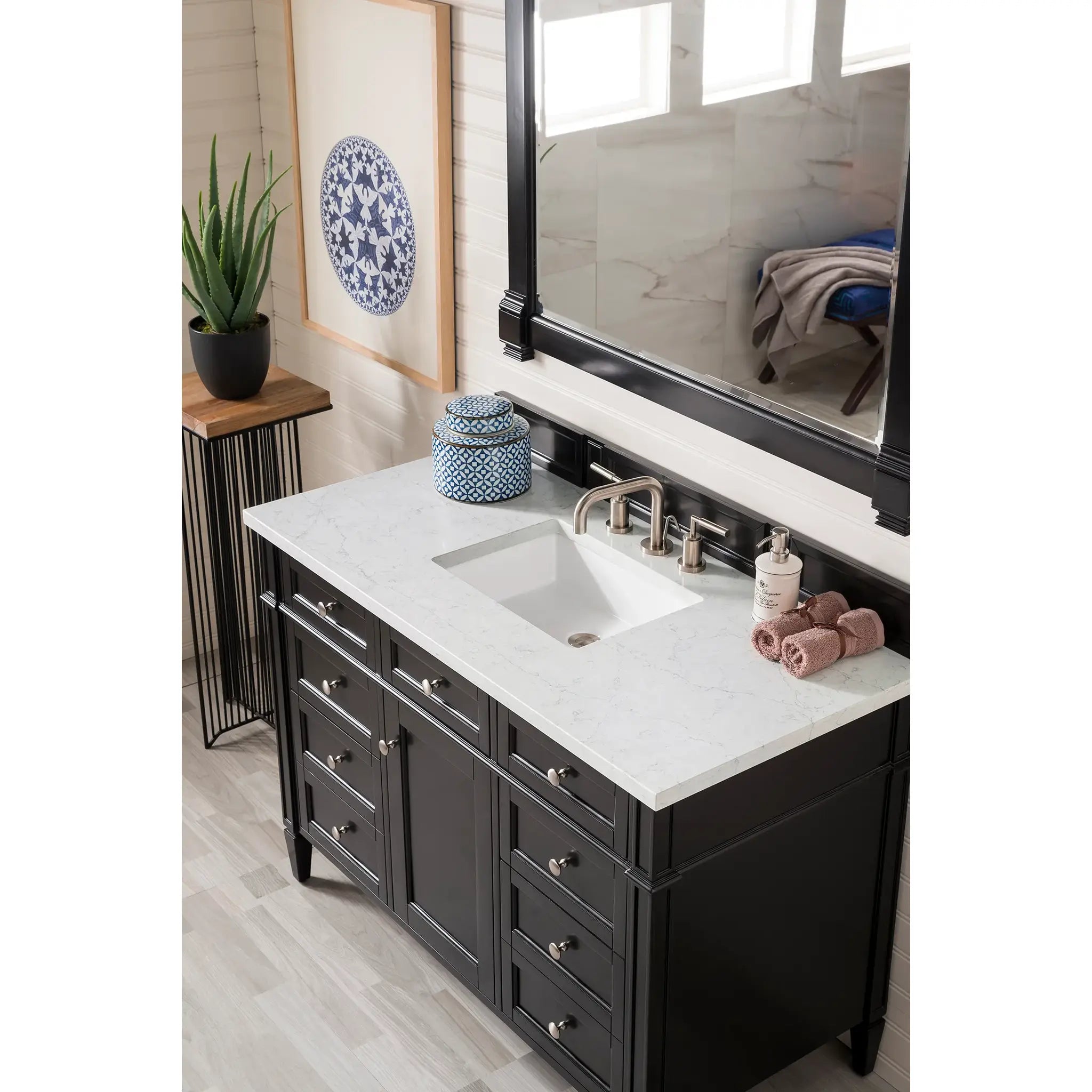 48" Brittany Single Vanity in Black Onyx-Eternal Jasmine Pearl Silestone-8" Widespread image 2