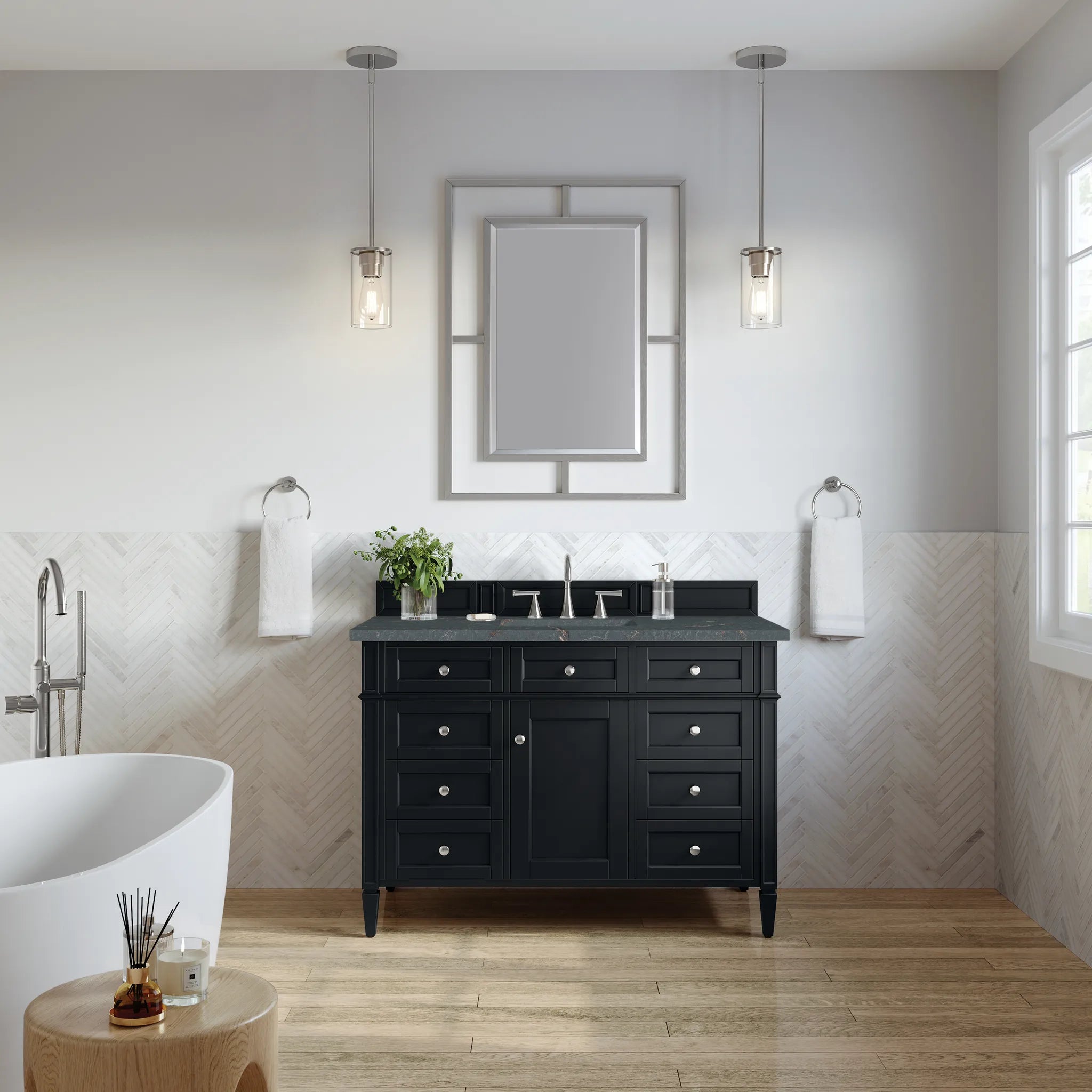 48" Brittany Single Vanity in Black Onyx-Parisien Bleu Silestone-8" Widespread image 1