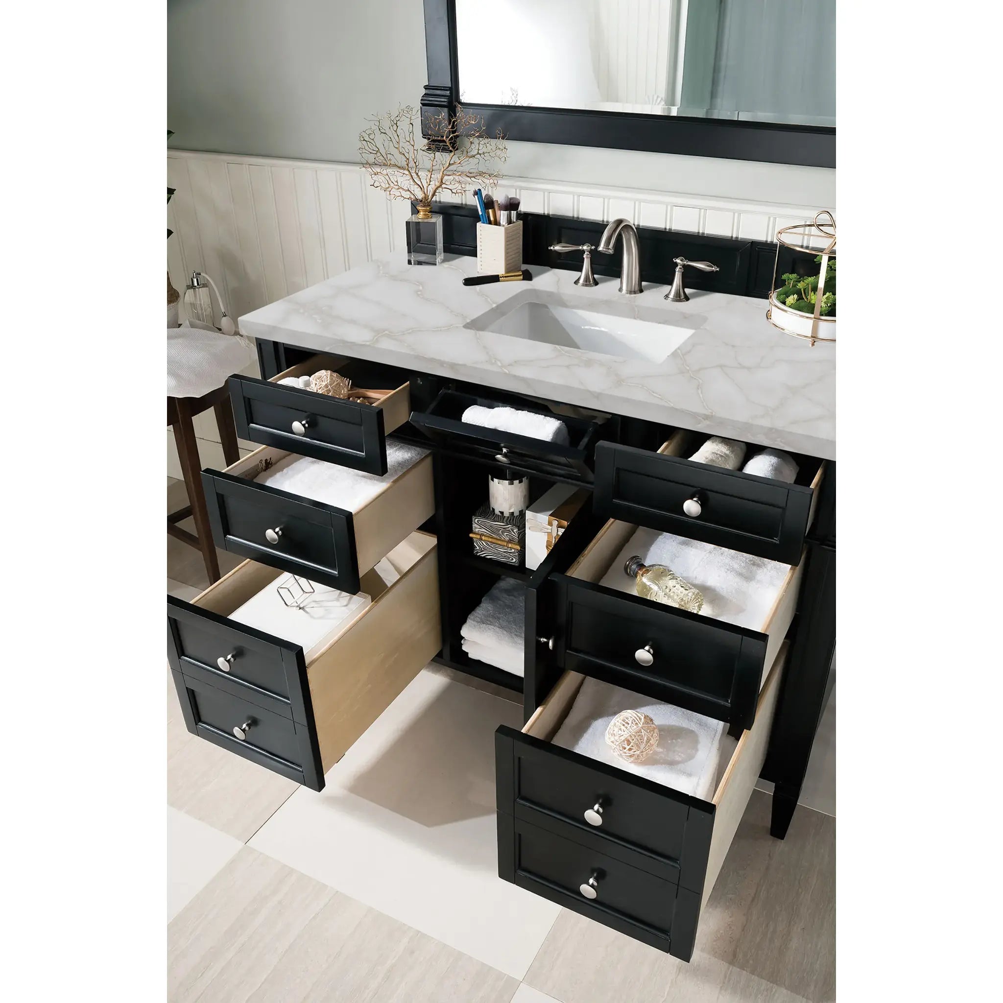 48" Brittany Single Vanity in Black Onyx-Victorian Silver Silestone-8" Widespread image 3