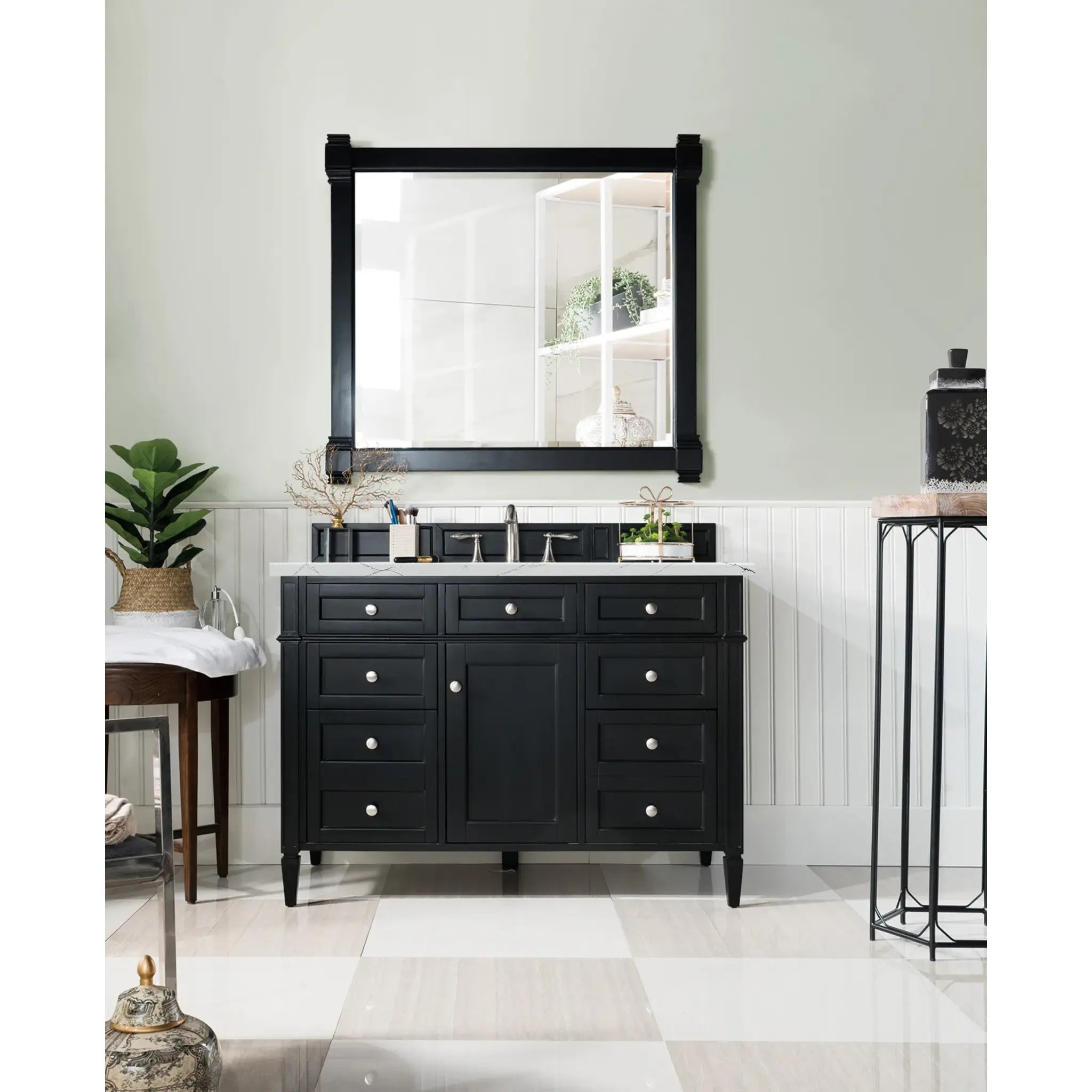 48" Brittany Single Vanity in Black Onyx w/FreePower Wireless Charger-Ethereal Noctis Silestone-8" Widespread image 4
