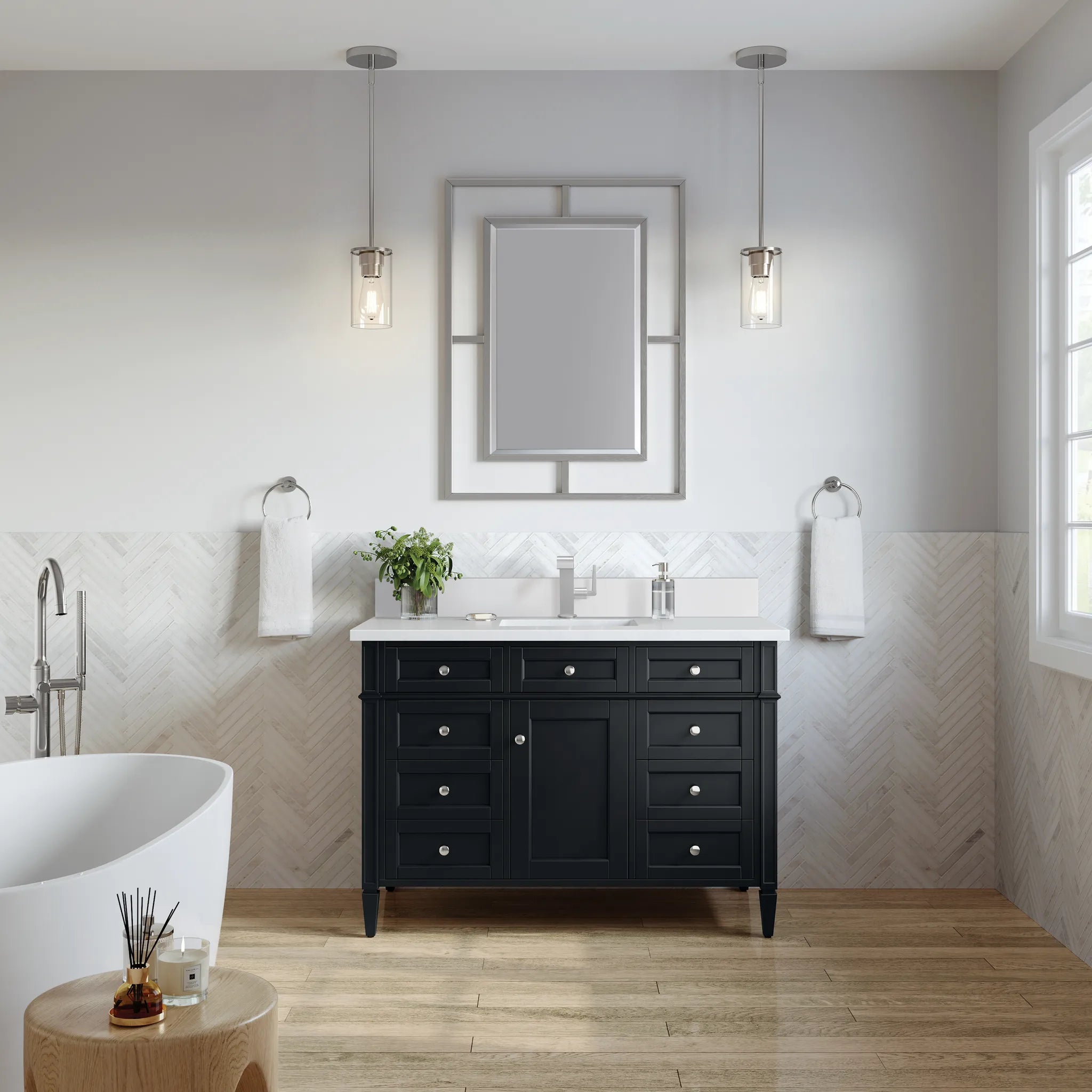 48" Brittany Single Vanity in Black Onyx-White Zeus Silestone & Backsplash-Single Hole image 1
