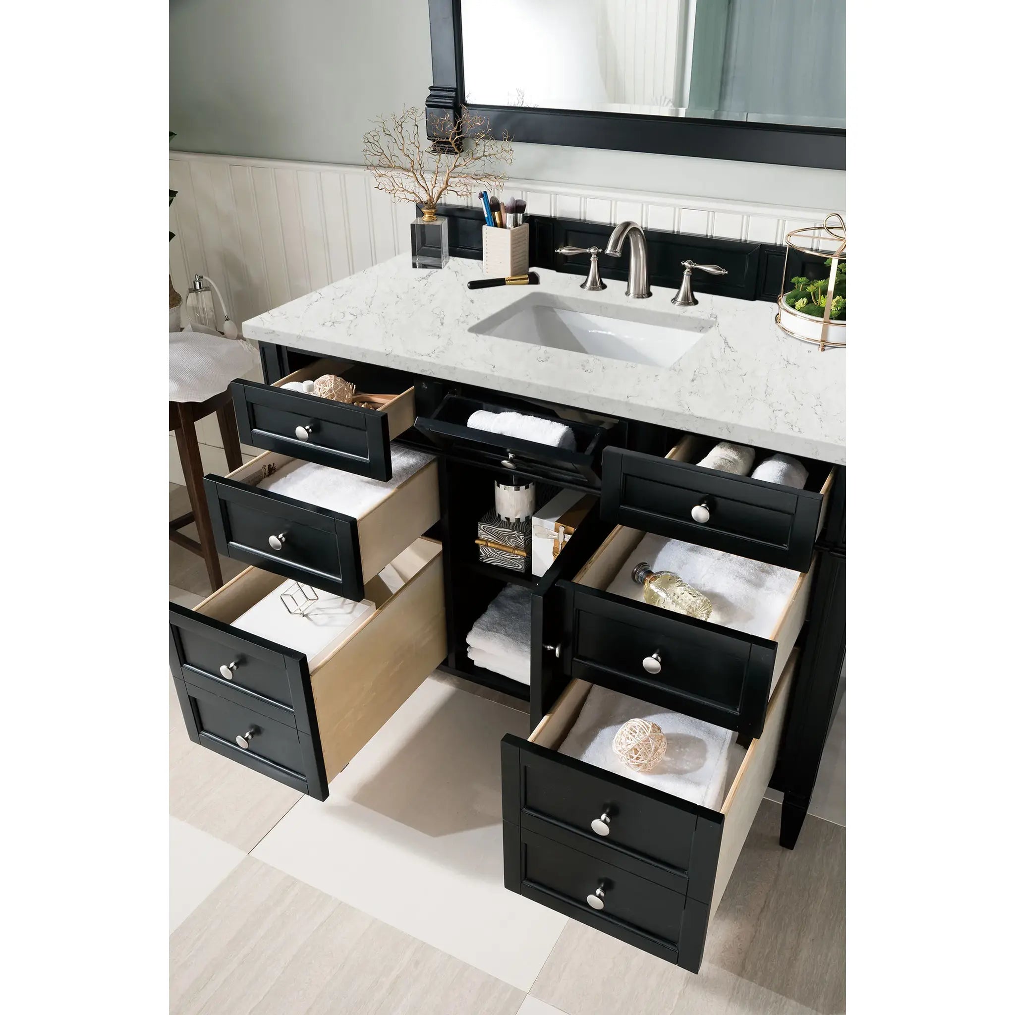 48" Brittany Single Vanity in Black Onyx Wireless Charger-Eternal Jasmine Pearl Silestone-8" Widespread image 6
