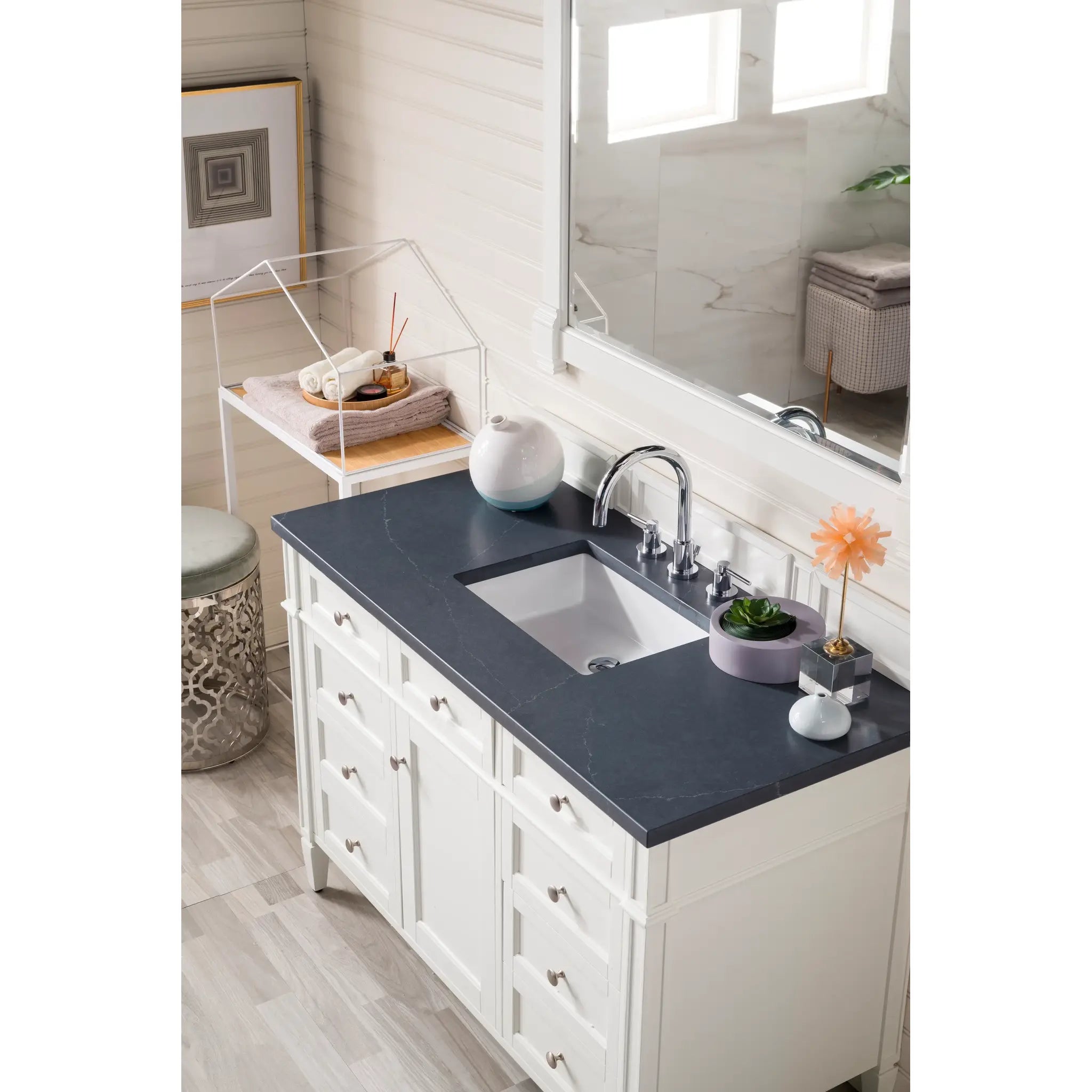 48" Brittany Single Vanity in Bright White-Charcoal Soapstone Silestone-8" Widespread image 2