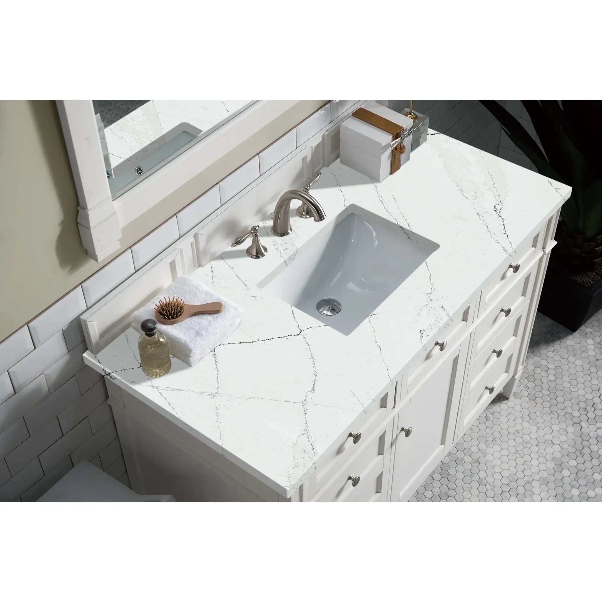48" Brittany Single Vanity in Bright White w/FreePower Wireless Charger-Ethereal Noctis Silestone-8" Widespread image 5