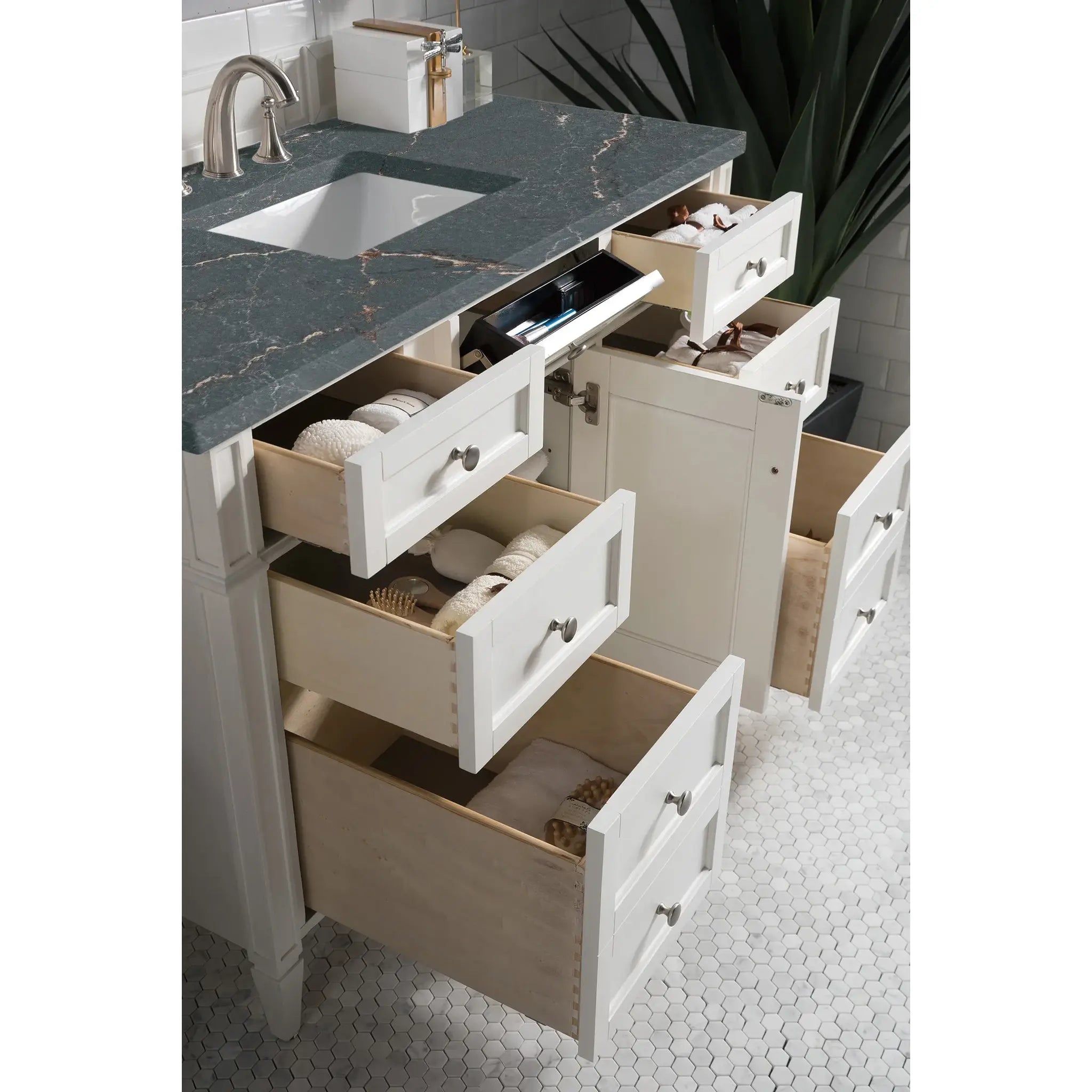 48" Brittany Single Vanity in Bright White w/FreePower Wireless Charger-Parisien Bleu Silestone-8" Widespread image 6