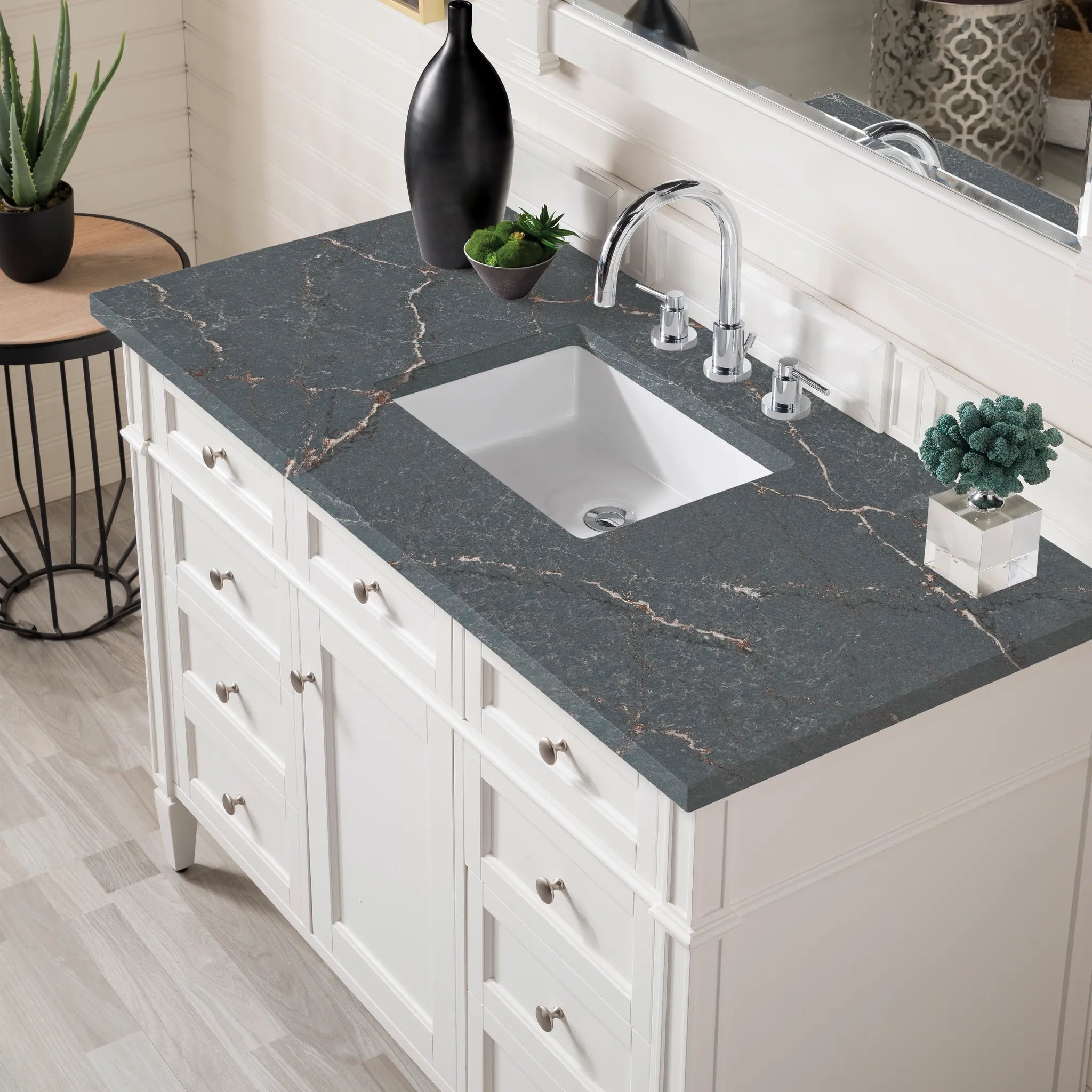 48" Brittany Single Vanity in Bright White w/FreePower Wireless Charger-Parisien Bleu Silestone-8" Widespread image 7