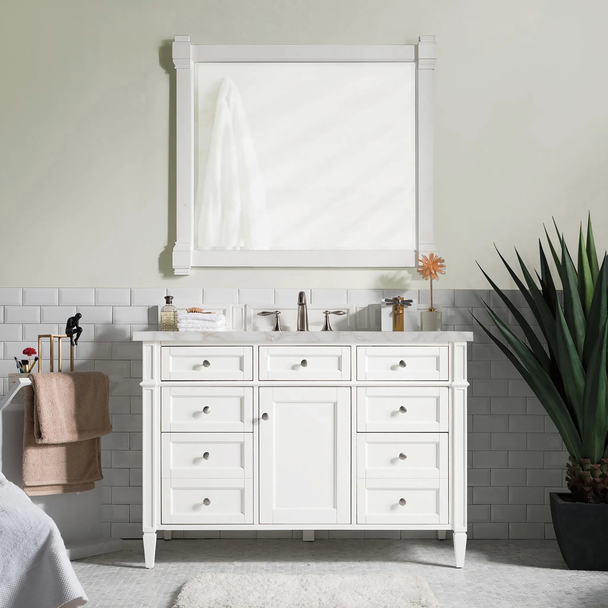 48" Brittany Single Vanity in Bright White w/FreePower Wireless Charger-Victorian Silver Silestone-8" Widespread image 4