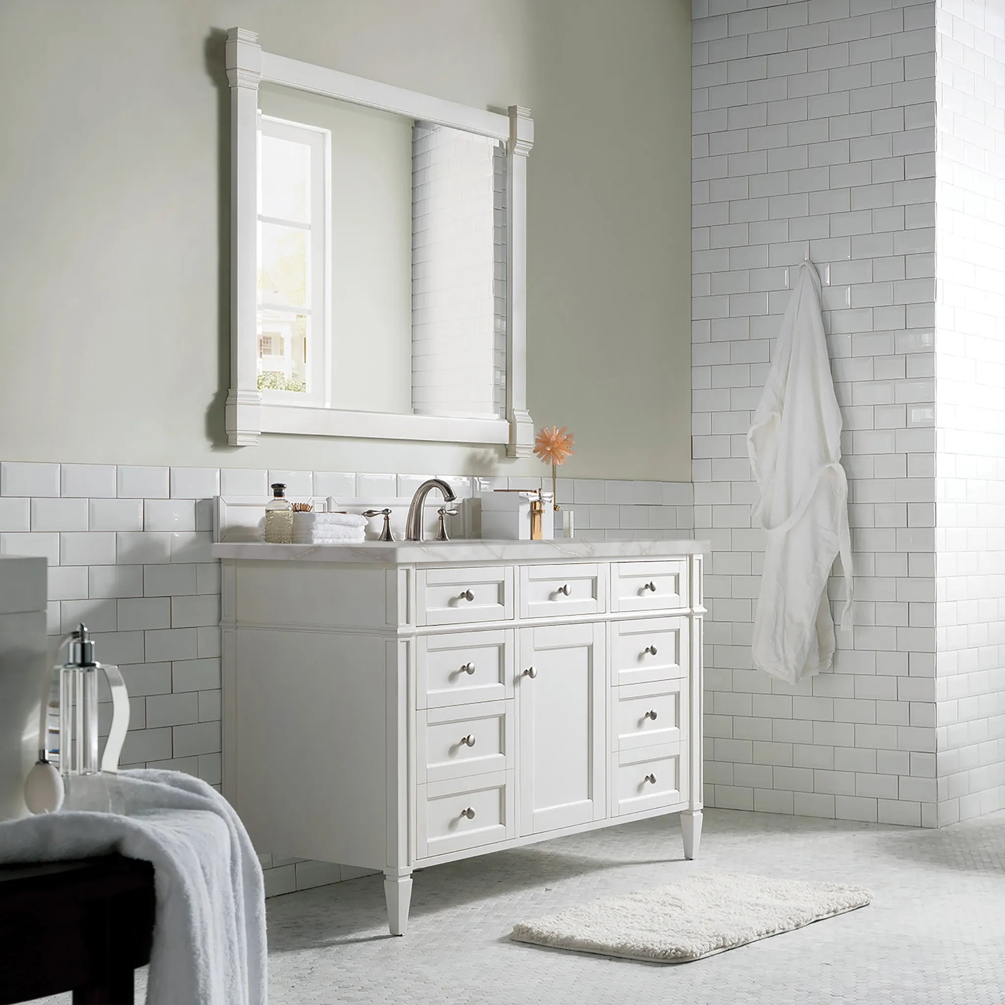 48" Brittany Single Vanity in Bright White w/FreePower Wireless Charger-Victorian Silver Silestone-8" Widespread image 5