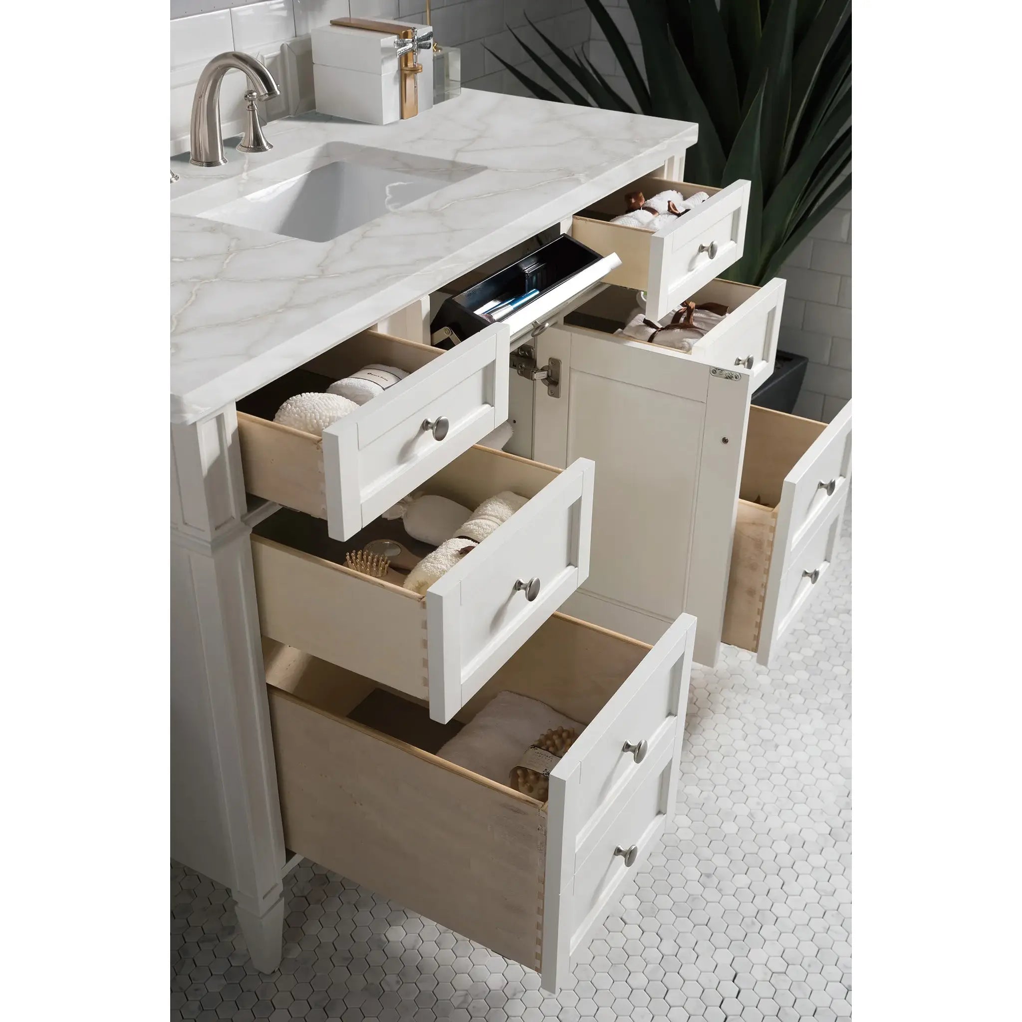 48" Brittany Single Vanity in Bright White w/FreePower Wireless Charger-Victorian Silver Silestone-8" Widespread image 6
