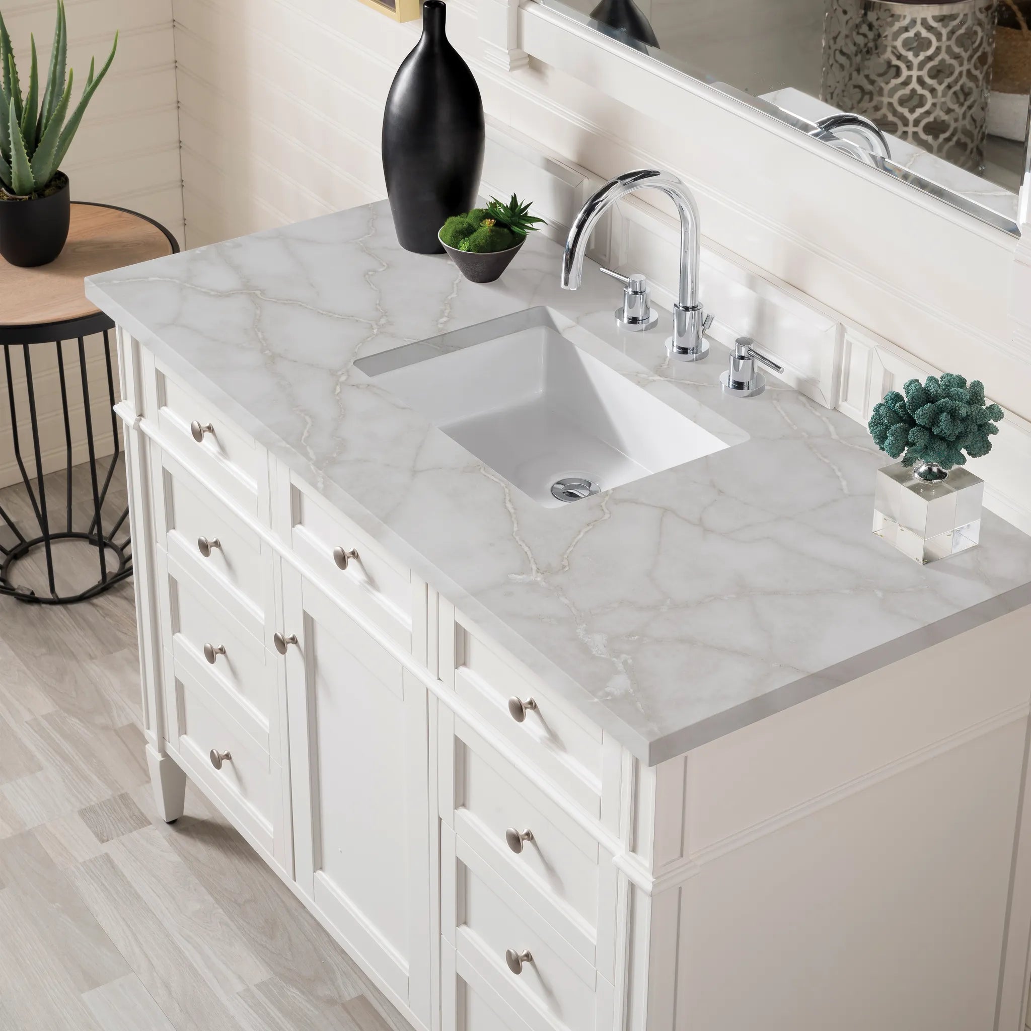 48" Brittany Single Vanity in Bright White w/FreePower Wireless Charger-Victorian Silver Silestone-8" Widespread image 7
