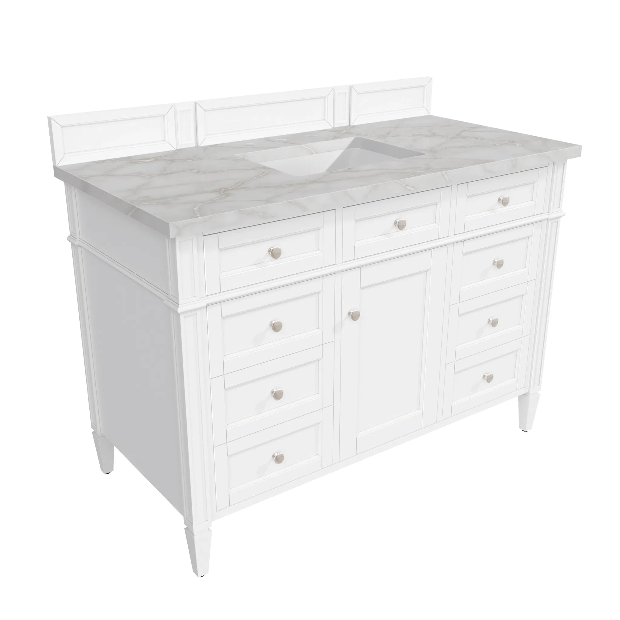 48" Brittany Single Vanity in Bright White w/FreePower Wireless Charger-Victorian Silver Silestone-8" Widespread image 8
