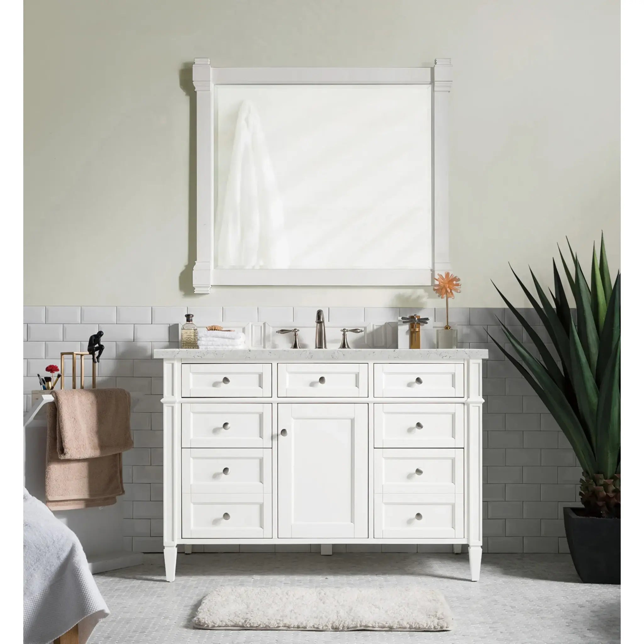 48" Brittany Single Vanity in Bright White Wireless Charger-Eternal Jasmine Pearl Silestone-8" Widespread image 4