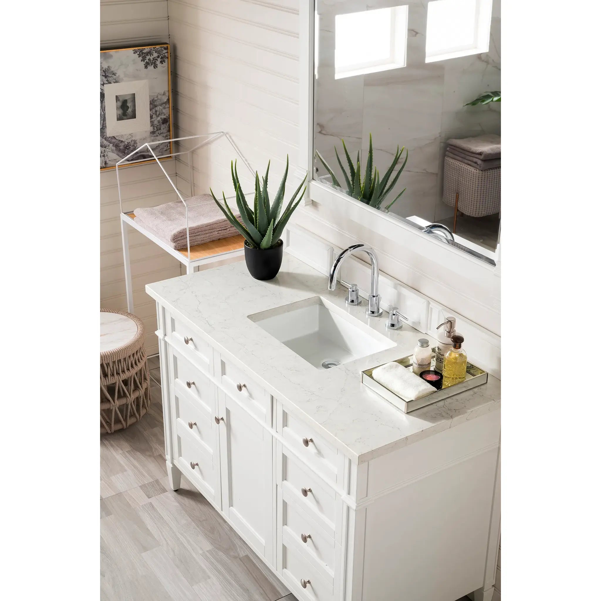 48" Brittany Single Vanity in Bright White Wireless Charger-Eternal Jasmine Pearl Silestone-8" Widespread image 5
