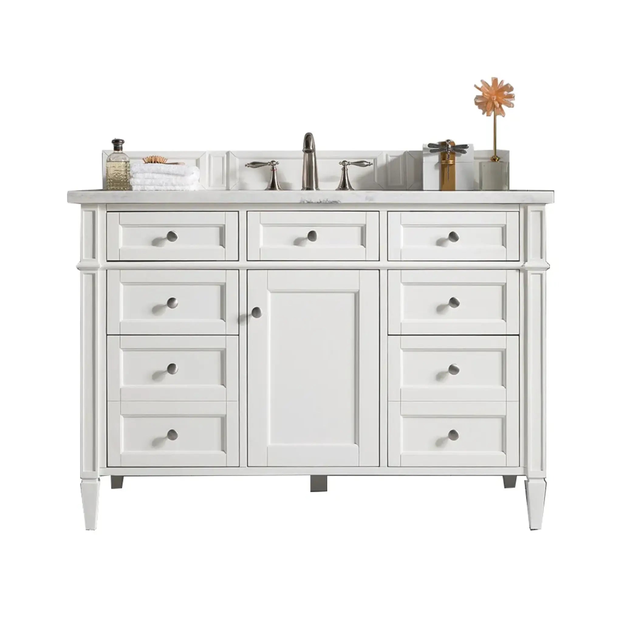 48" Brittany Single Vanity in Bright White Wireless Charger-Eternal Jasmine Pearl Silestone-8" Widespread image