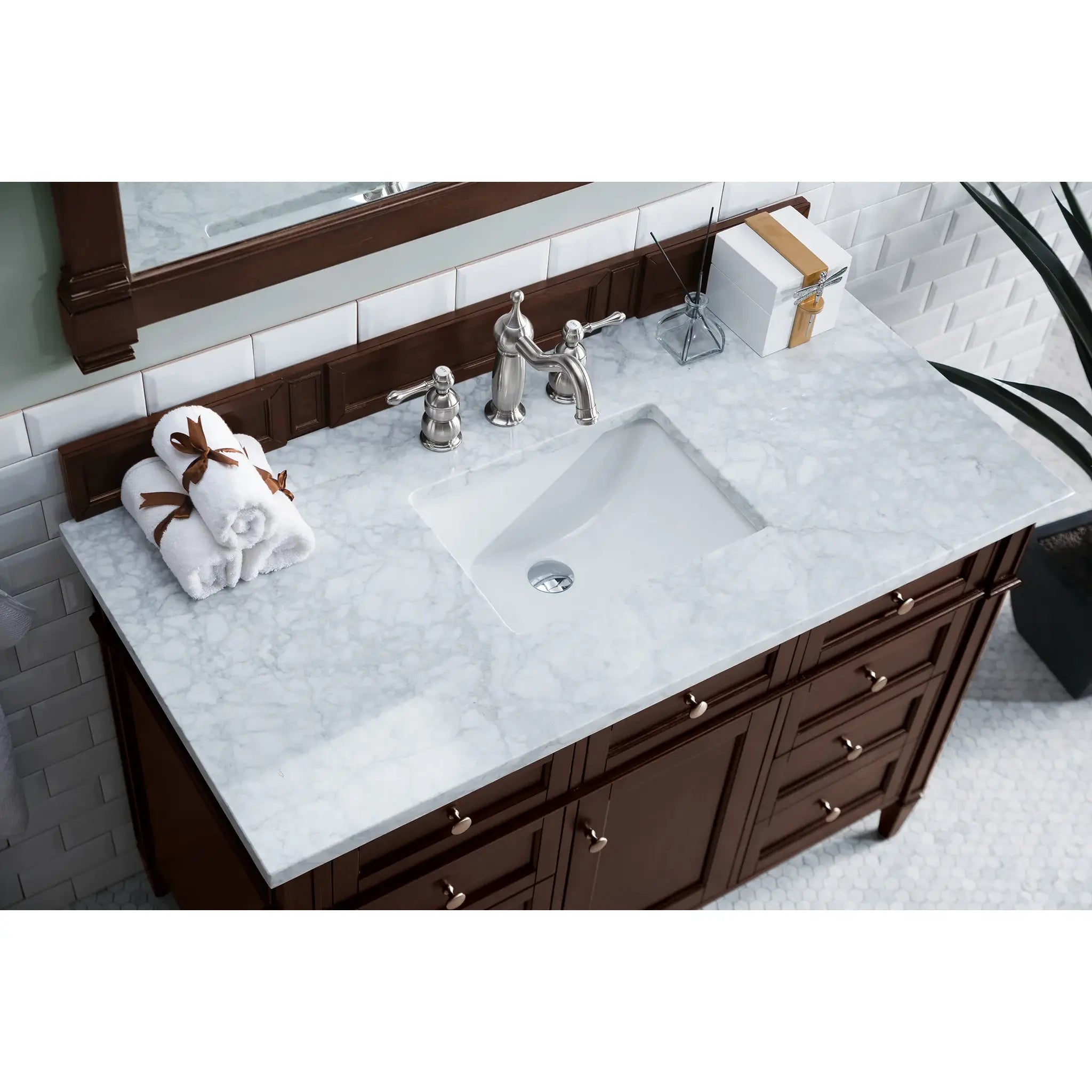 48" Brittany Single Vanity in Burnished Mahogany-Carrara White Marble-8" Widespread image 4