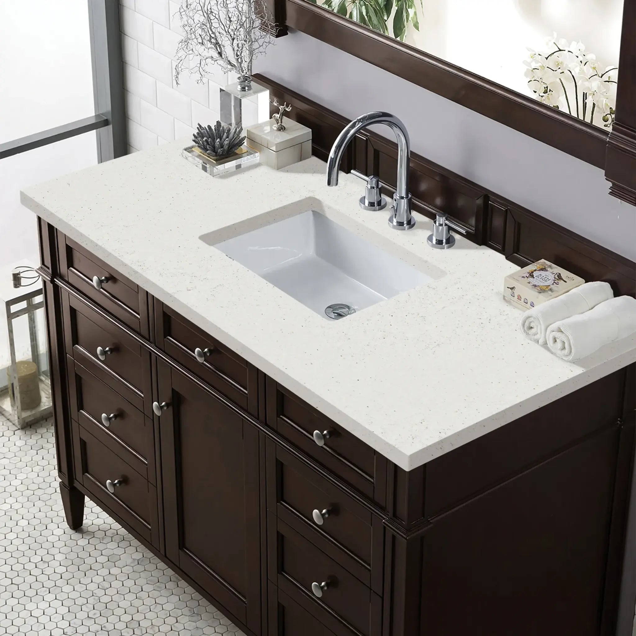 48" Brittany Single Vanity in Burnished Mahogany-Lime Delight Silestone-8" Widespread image 3