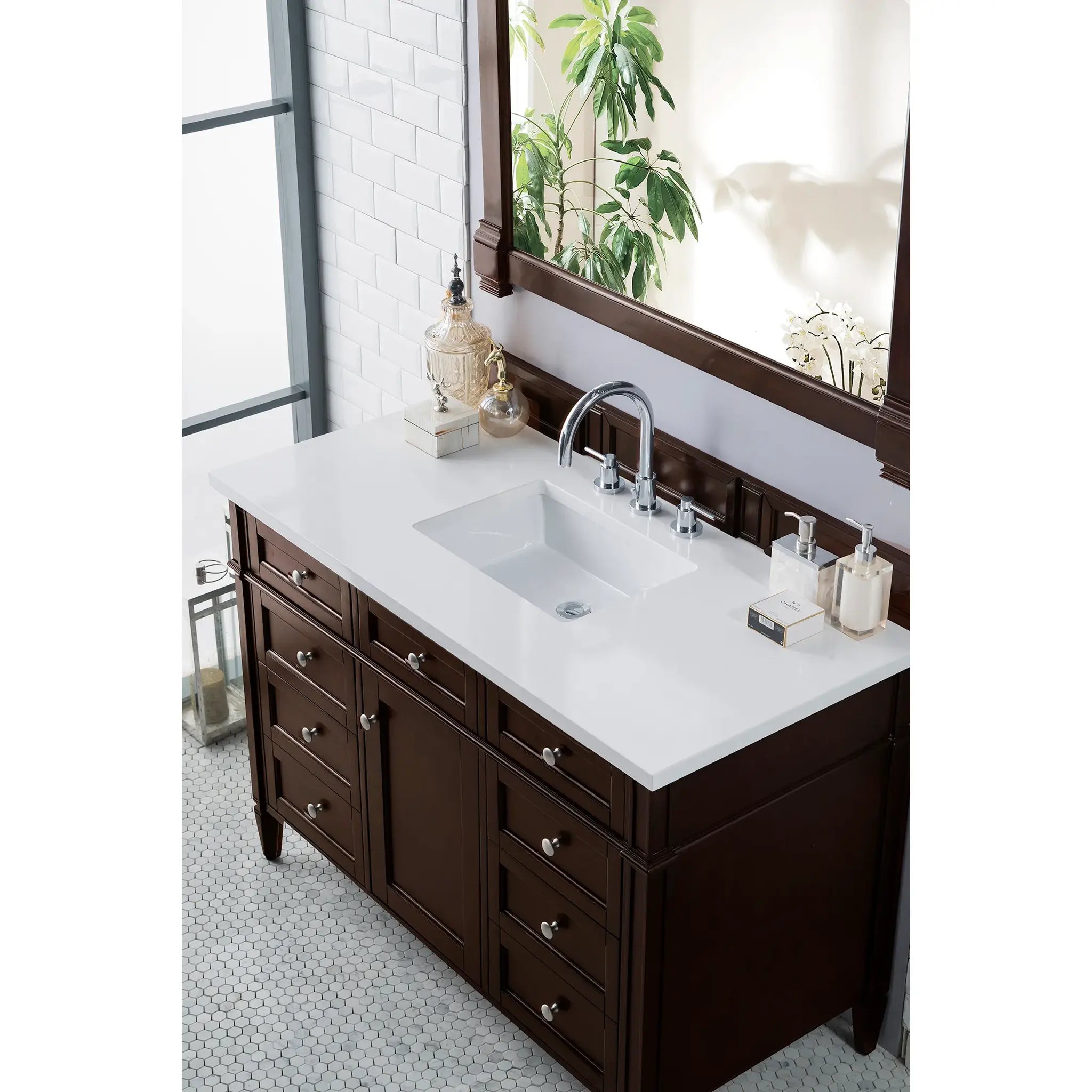 48" Brittany Single Vanity in Burnished Mahogany-White Zeus Silestone-8" Widespread image 2