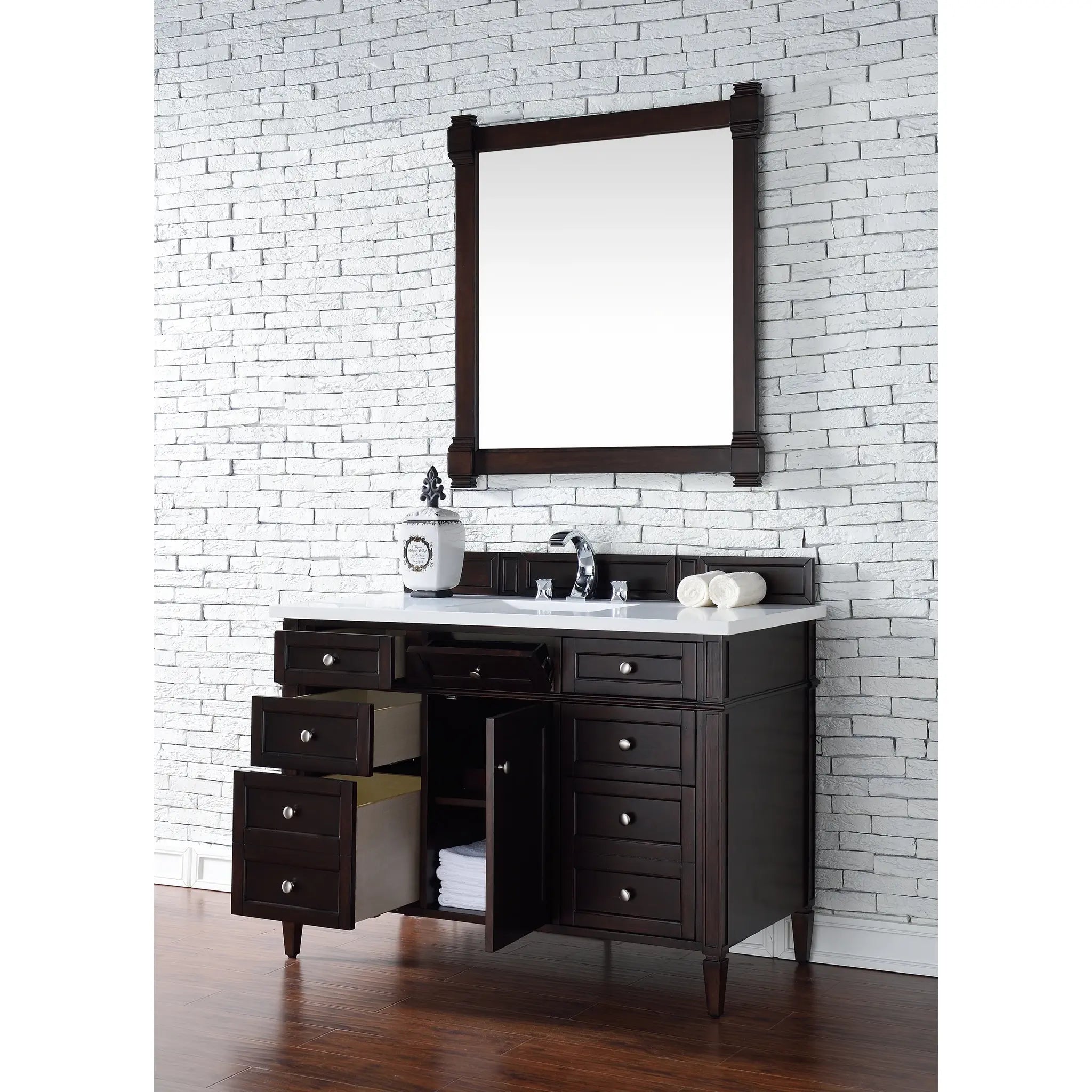 48" Brittany Single Vanity in Burnished Mahogany-White Zeus Silestone-8" Widespread image 3