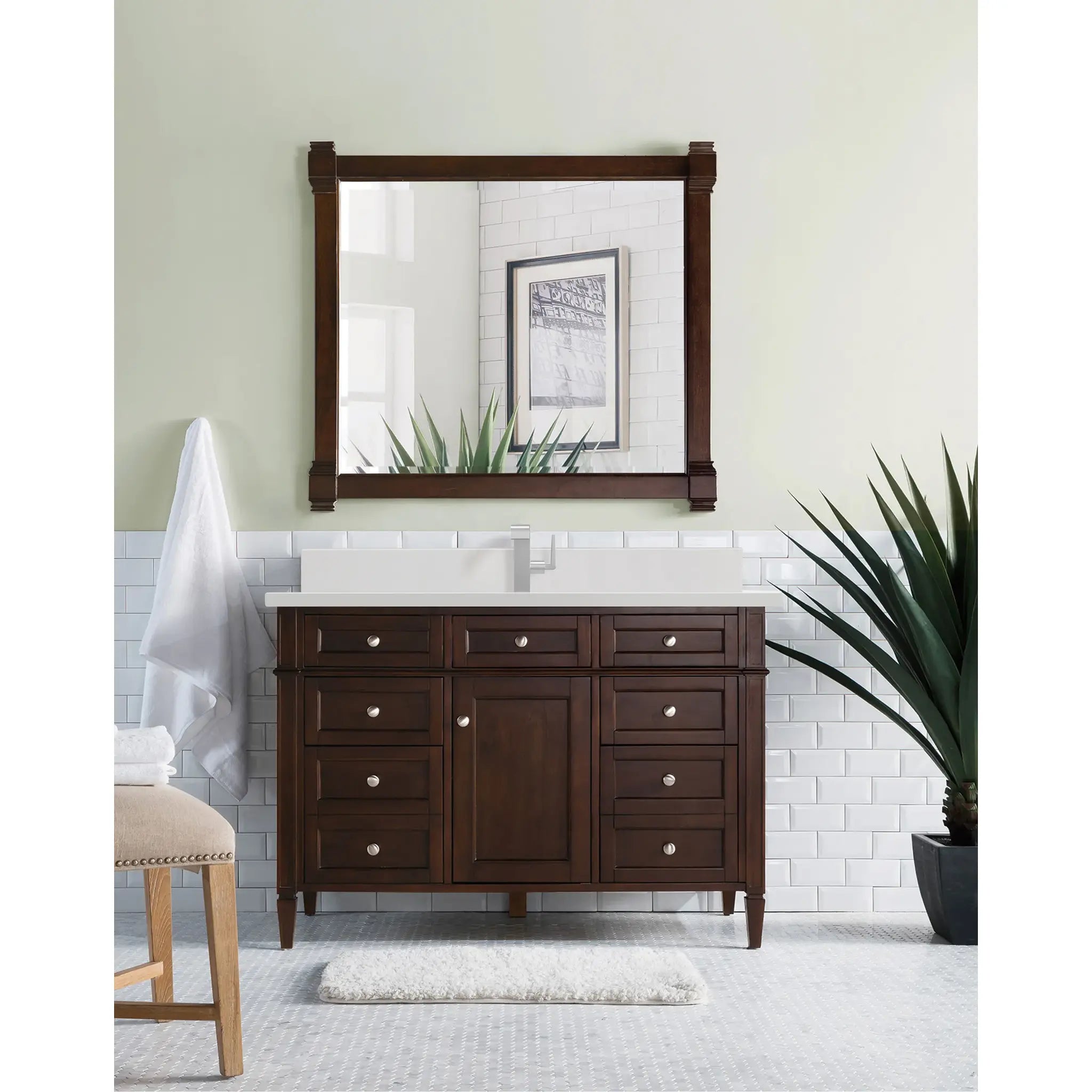 48" Brittany Single Vanity in Burnished Mahogany-White Zeus Silestone & Backsplash-Single Hole image 1