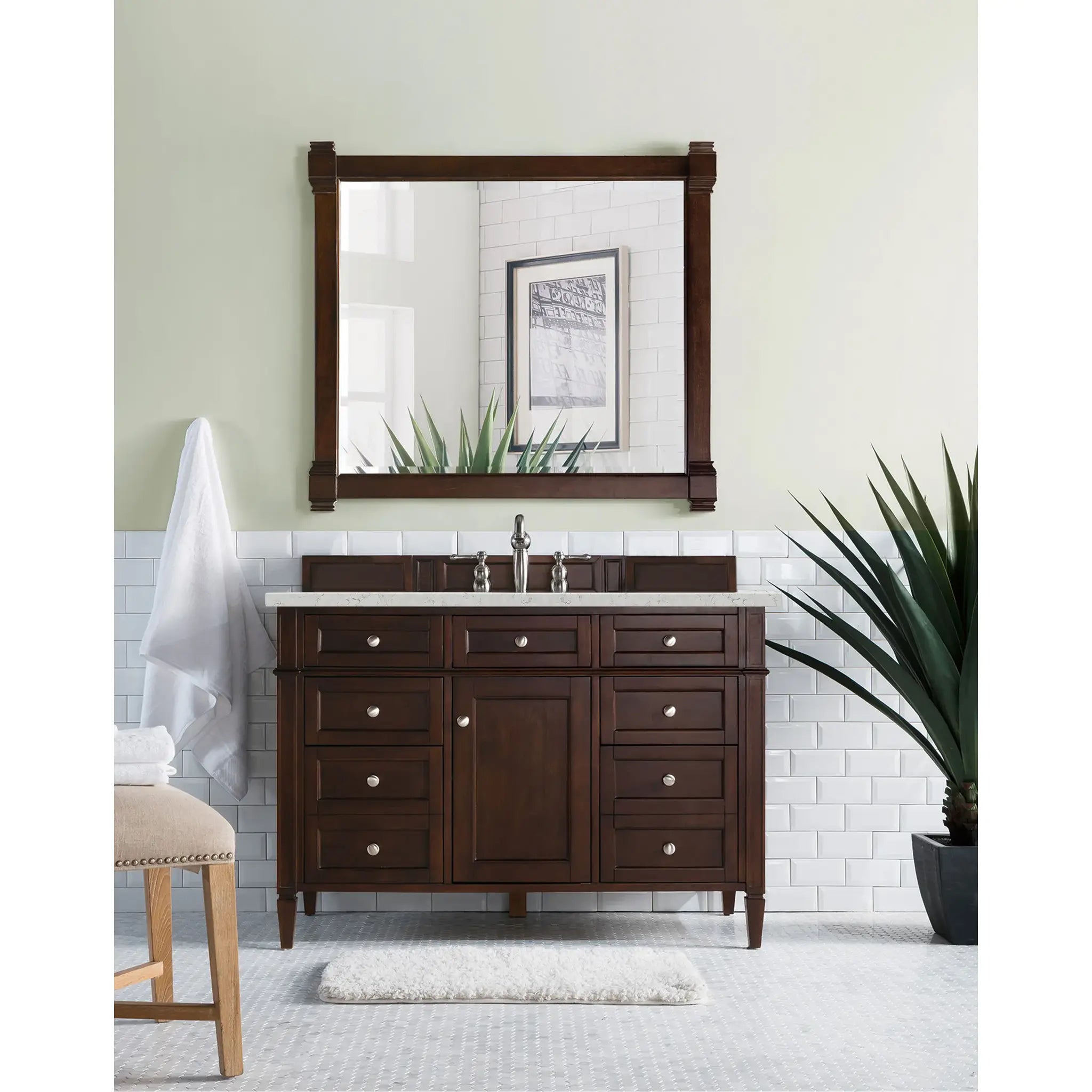 48" Brittany Single Vanity in Burnished Mahogany Wireless Charger-Eternal Jasmine Pearl Silestone-8" Widespread image 4